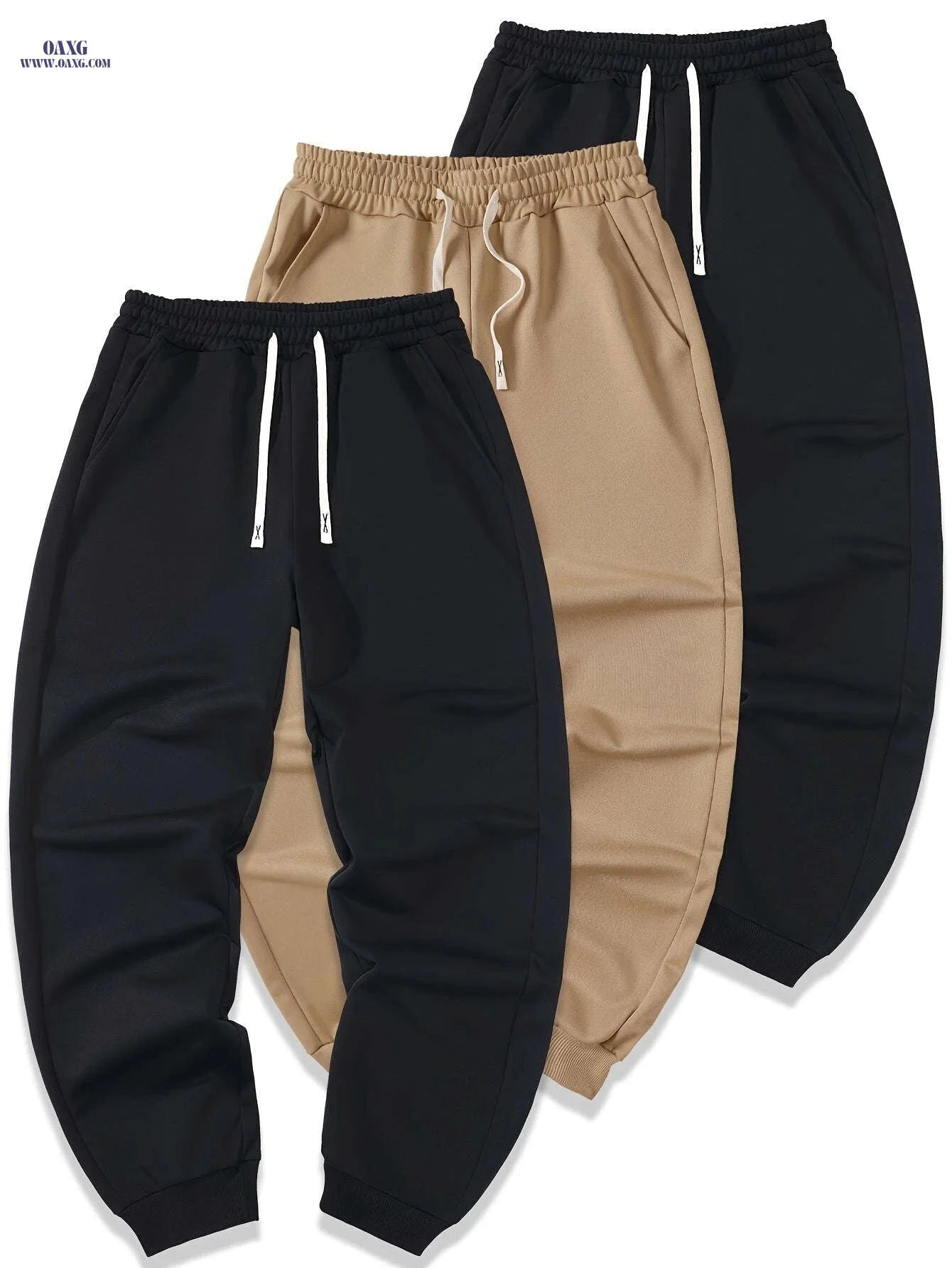 Men's Casual Athletic Pants - Solid Color, Elastic Waistband, Ribbed Cuff   OAXG 