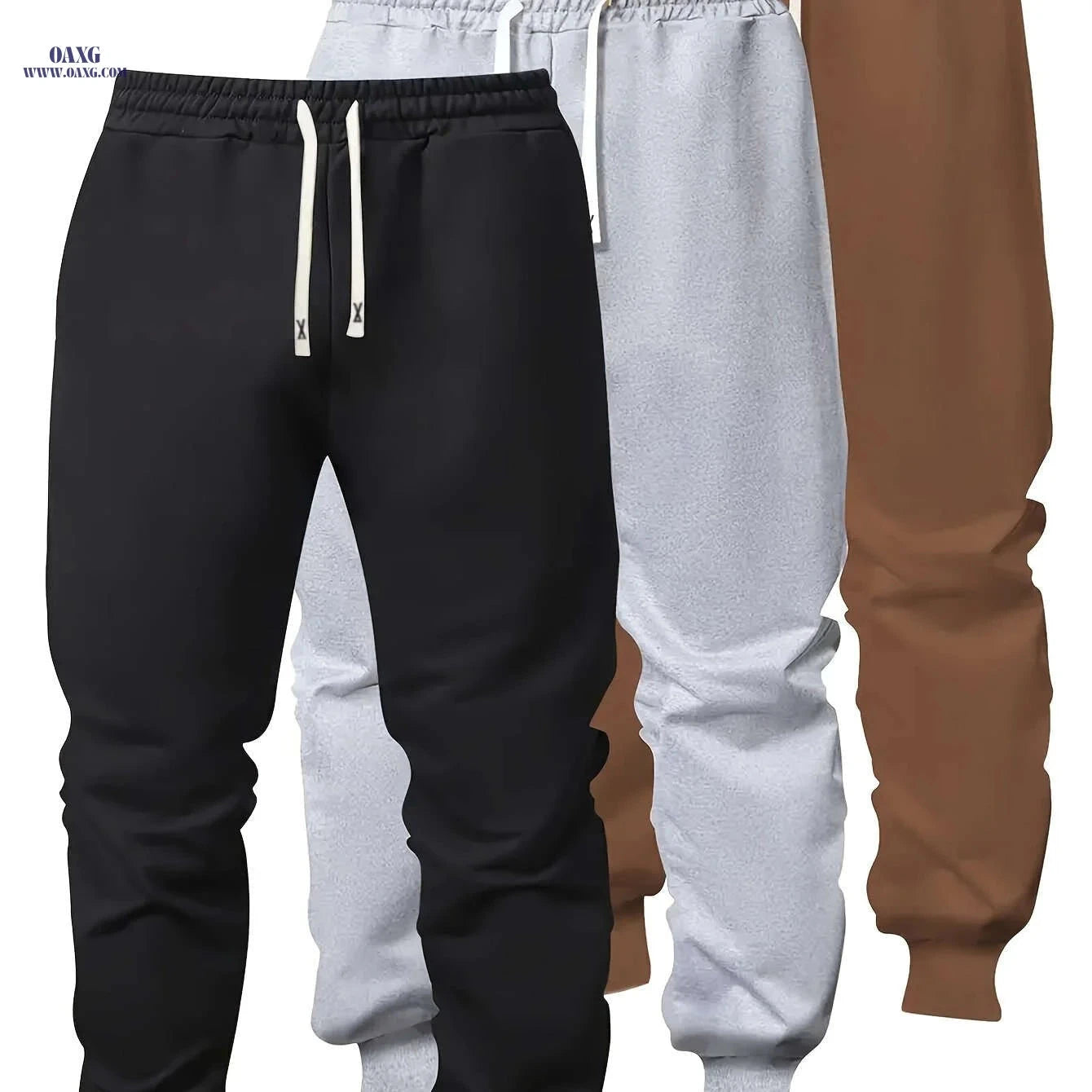 Men's Casual Athletic Pants - Solid Color, Elastic Waistband, Ribbed Cuff   OAXG 