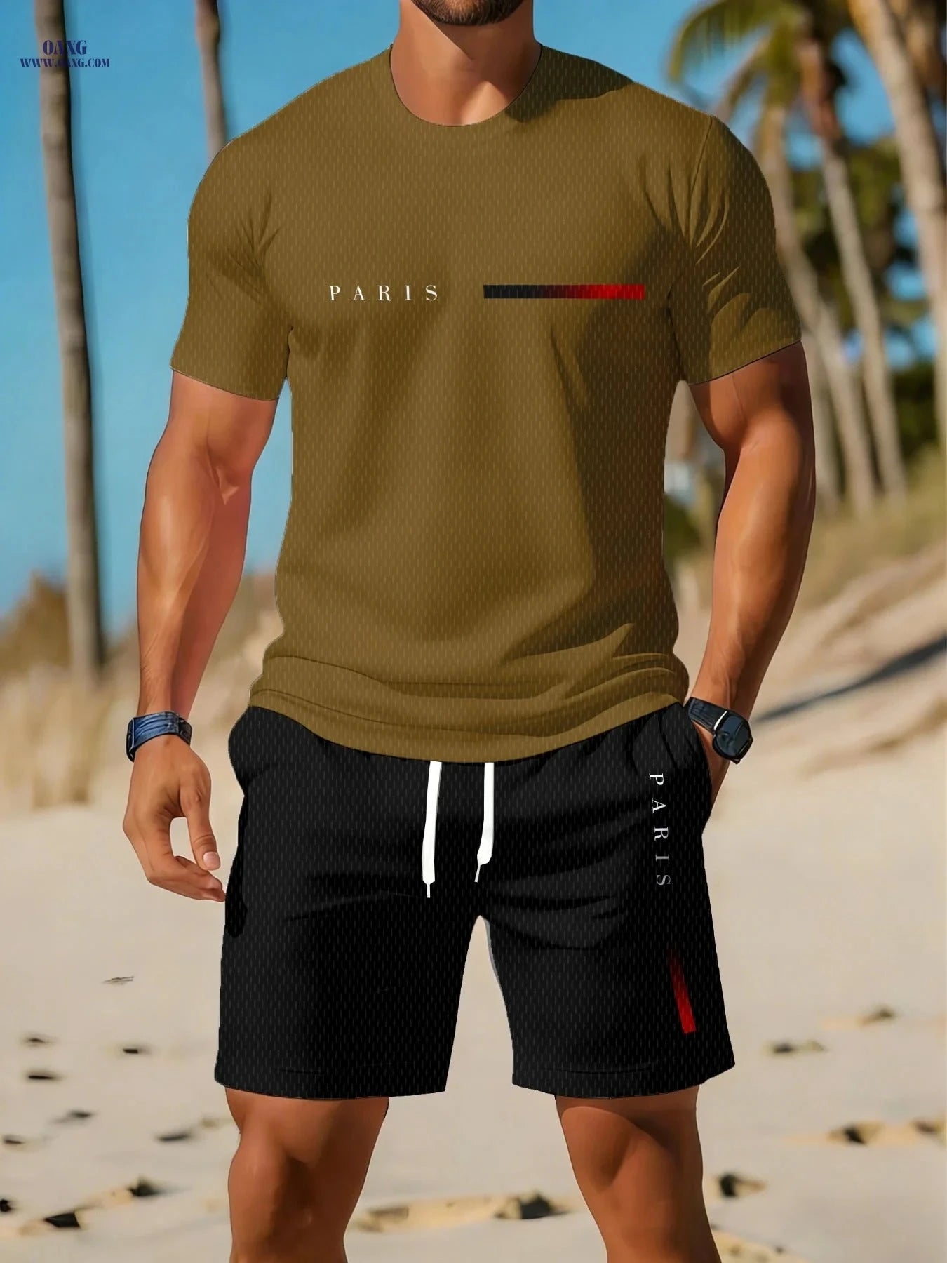 Men's Casual Athletic Set - Breathable Round Neck T-Shirt & Shorts   OAXG JDV393-1 / FR S