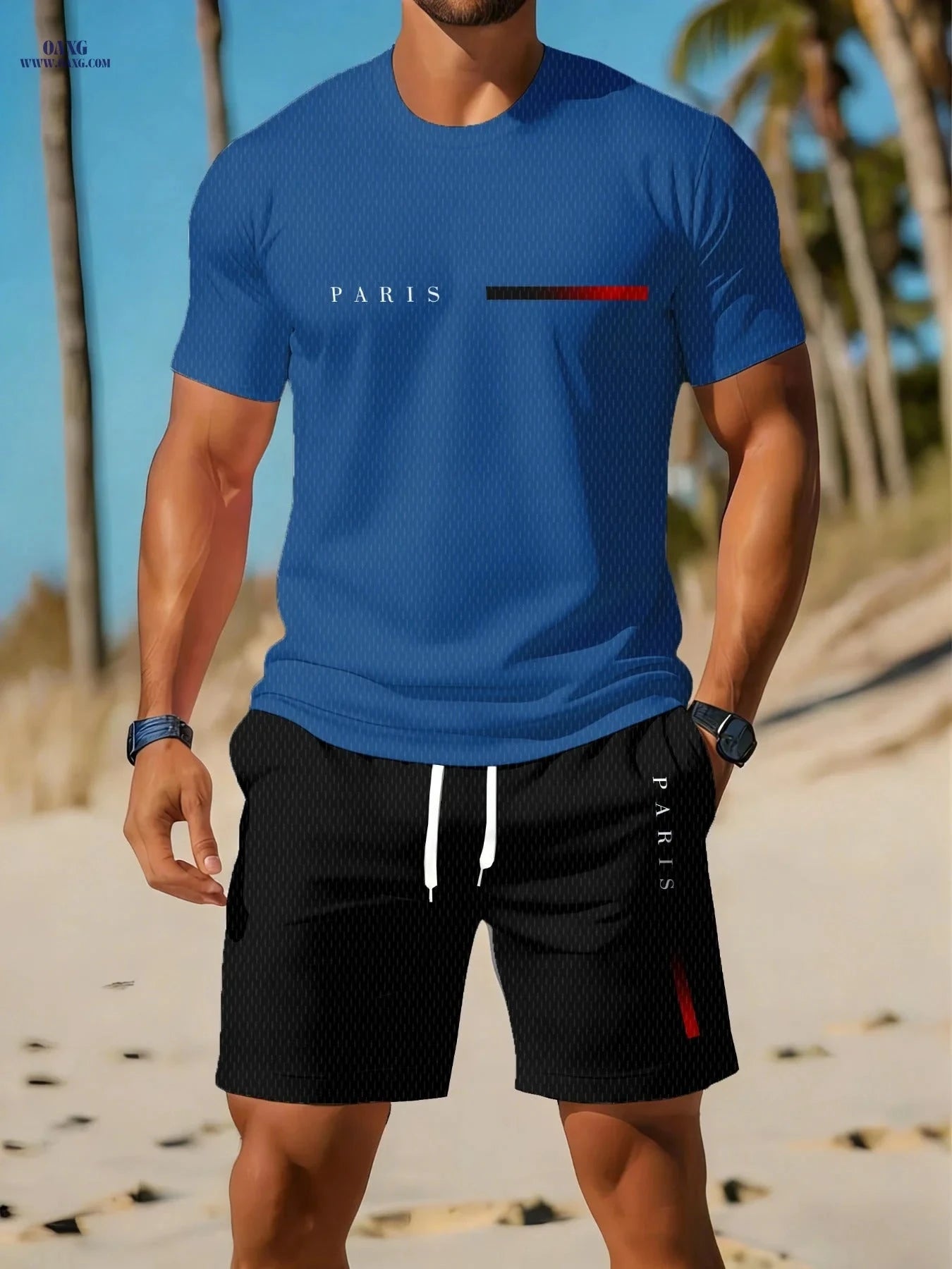 Men's Casual Athletic Set - Breathable Round Neck T-Shirt & Shorts   OAXG JDV393-1 / FR S