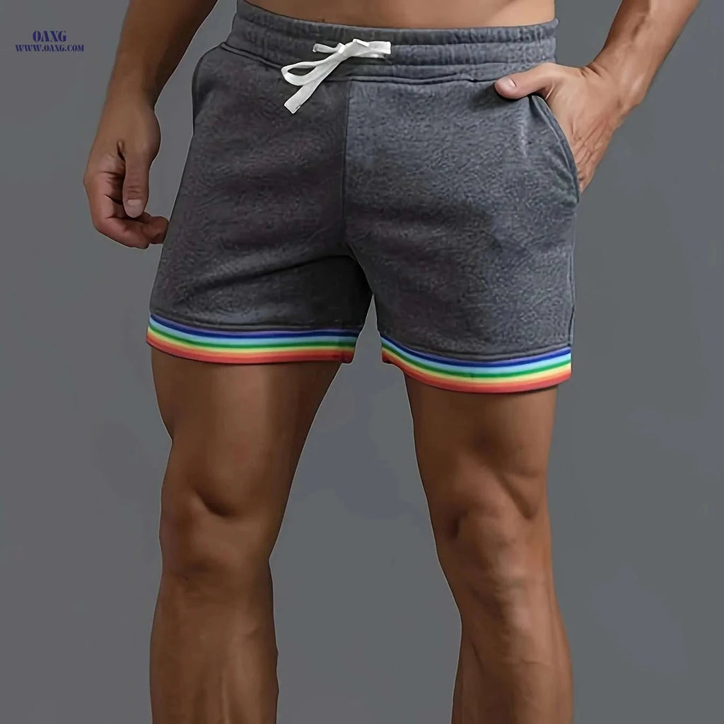 Men's Casual Athletic Shorts - Slim Fit Beige with Rainbow Stripes   OAXG Dark Gray / S