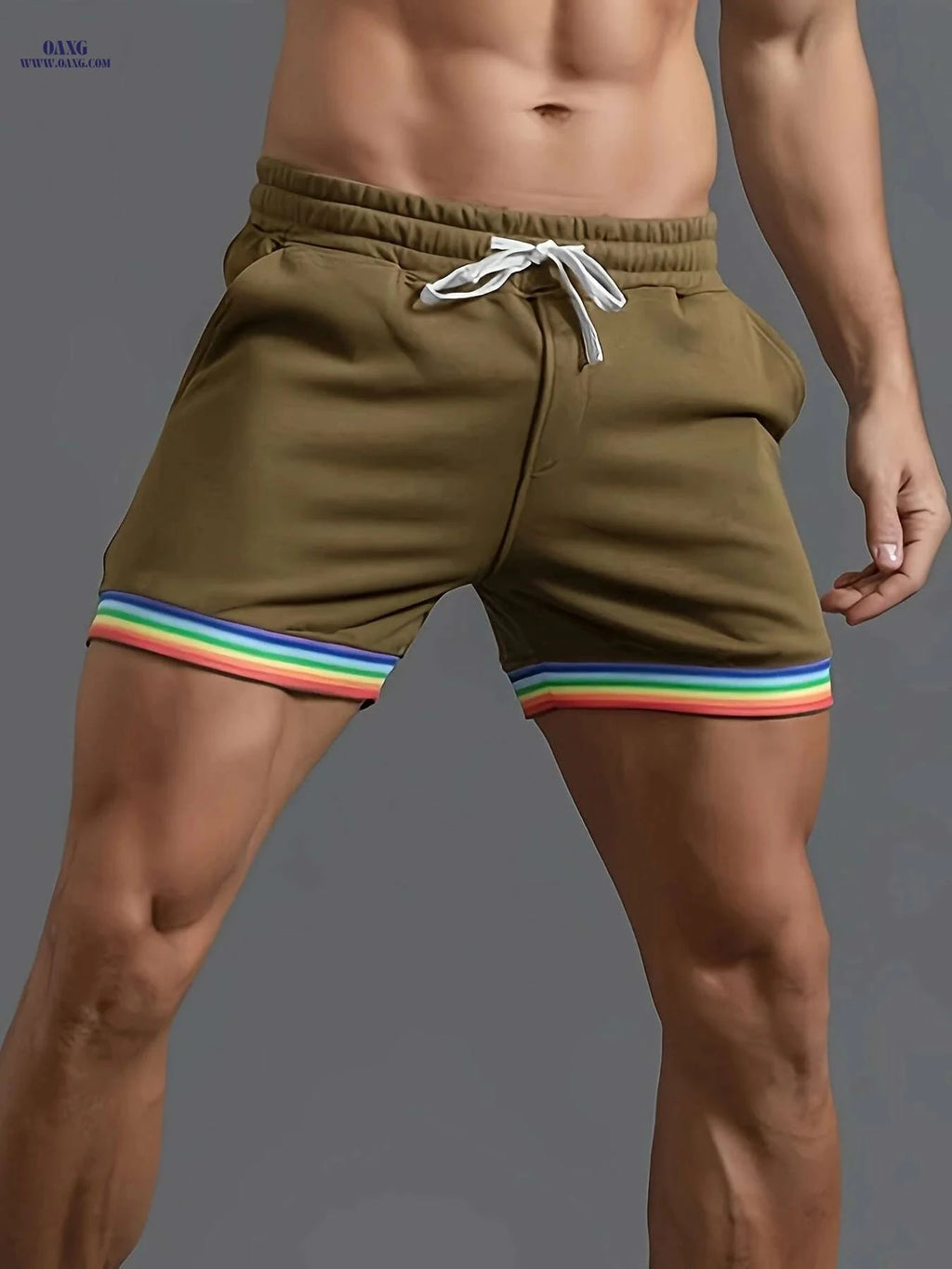 Men's Casual Athletic Shorts - Slim Fit Beige with Rainbow Stripes   OAXG Dark Gray / S