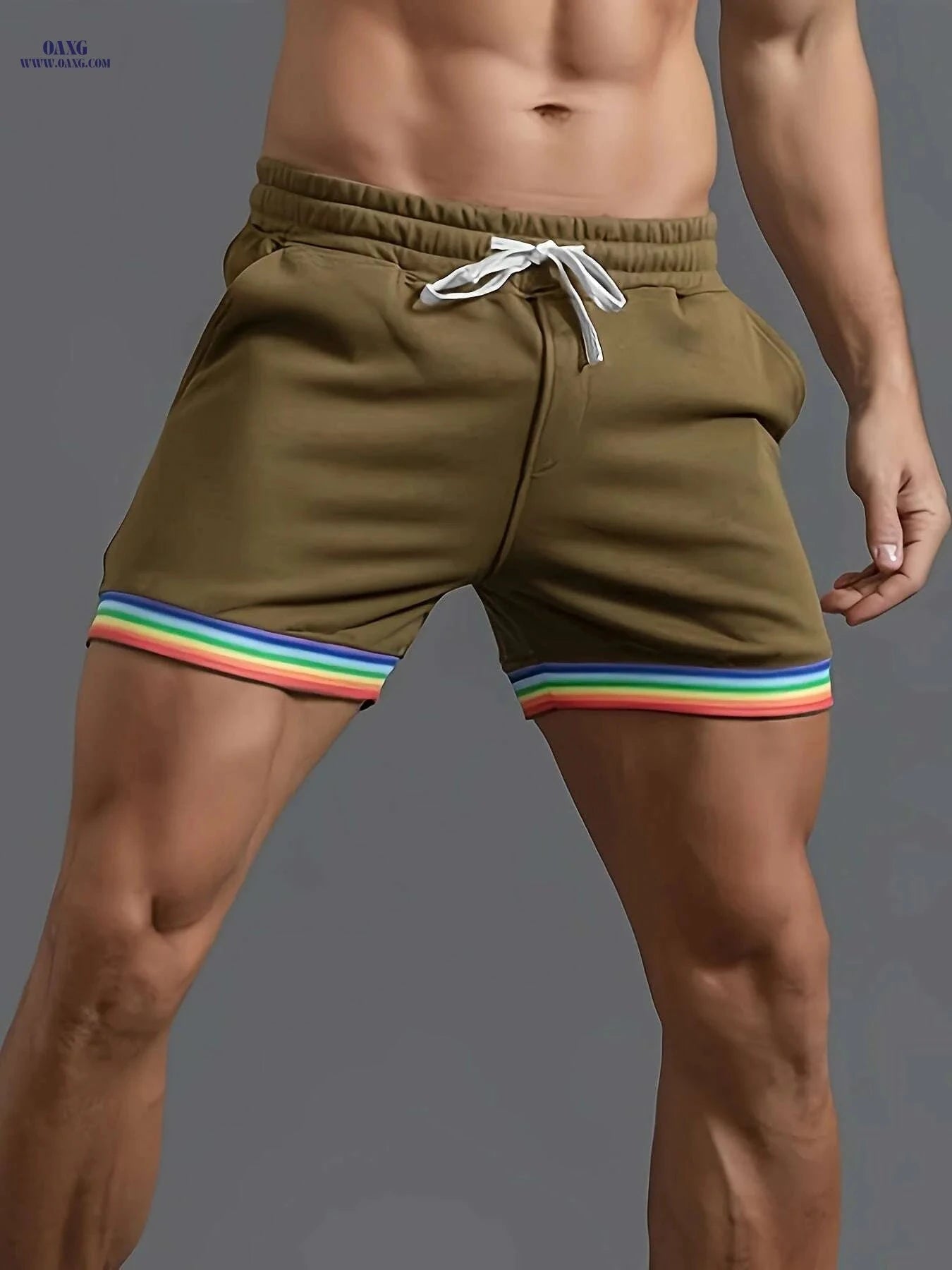 Men's Casual Athletic Shorts - Slim Fit Beige with Rainbow Stripes   OAXG Dark Gray / S