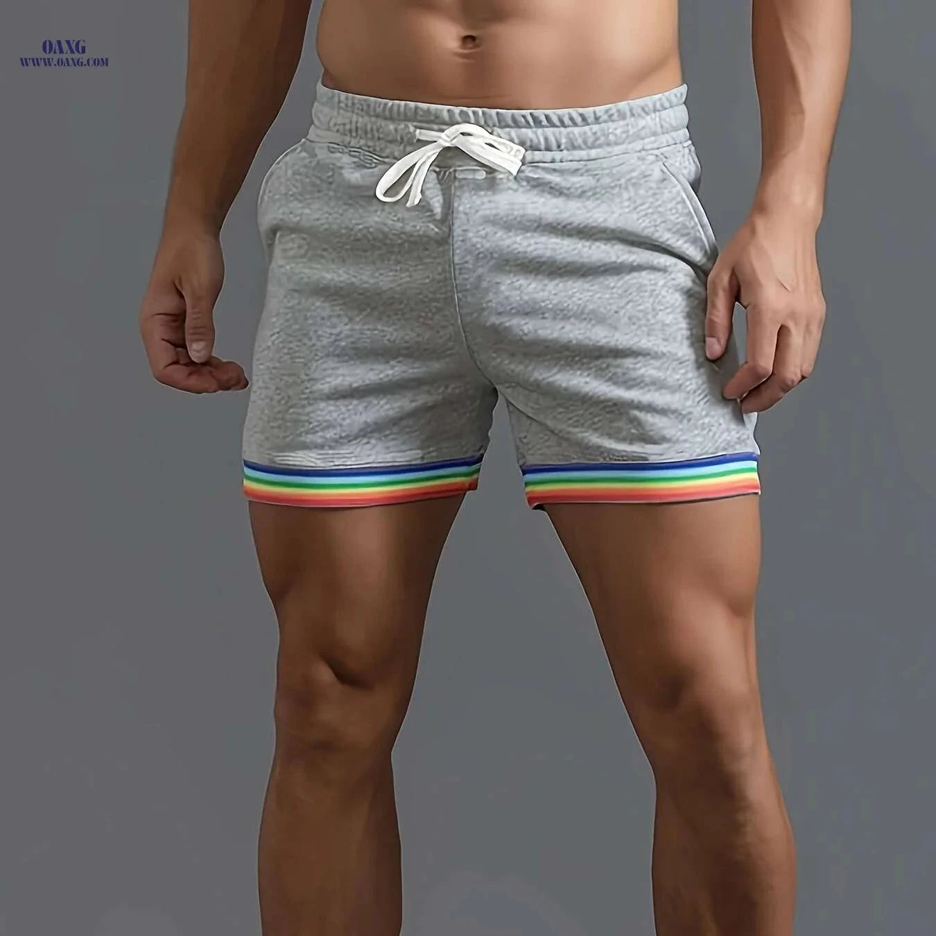 Men's Casual Athletic Shorts - Slim Fit Beige with Rainbow Stripes   OAXG Dark Gray / S
