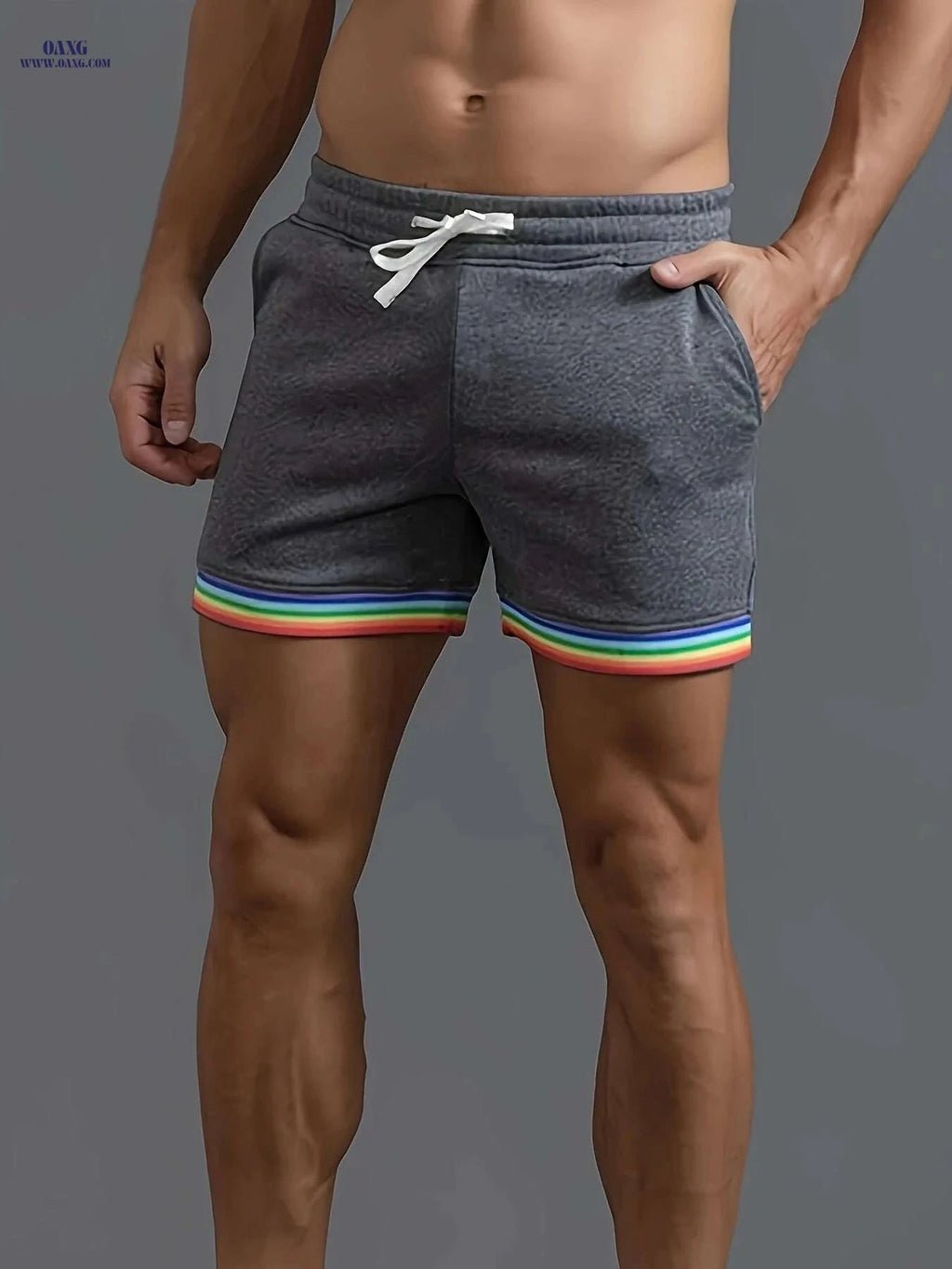 Men's Casual Athletic Shorts - Slim Fit Beige with Rainbow Stripes   OAXG 