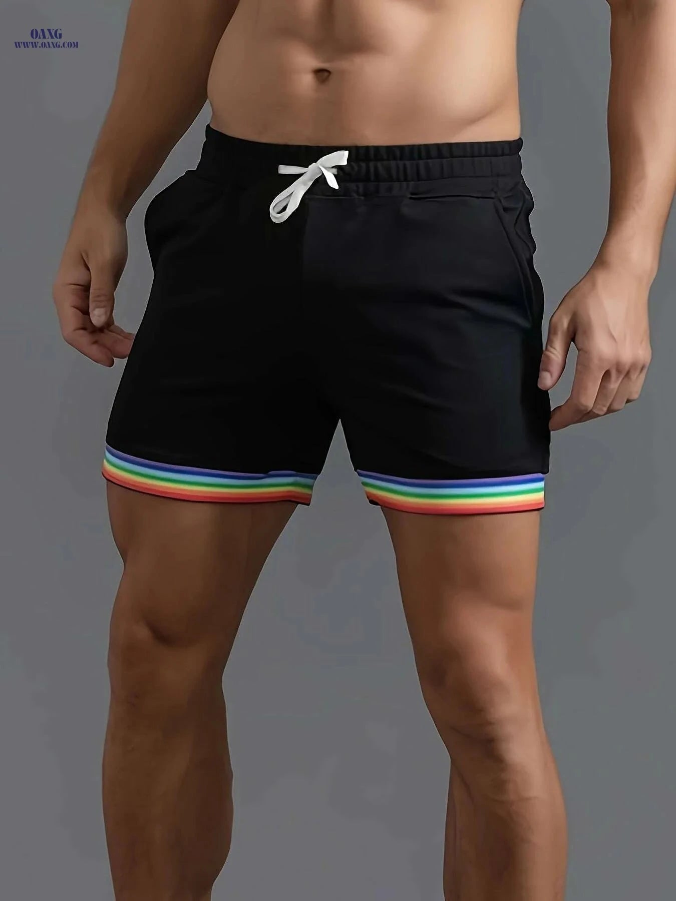Men's Casual Athletic Shorts - Slim Fit Beige with Rainbow Stripes   OAXG 