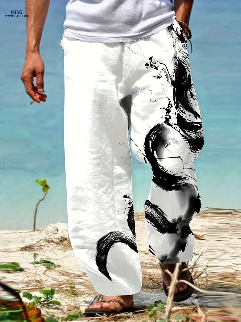 Men's Casual Beach Pants - 3D Dragon Print, Loose-Fit Design   OAXG 