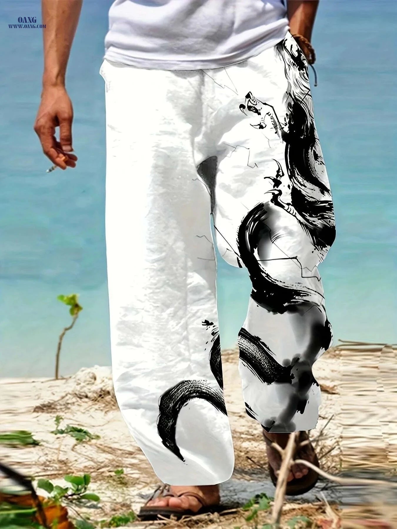 Men's Casual Beach Pants - 3D Dragon Print, Loose-Fit Design   OAXG 