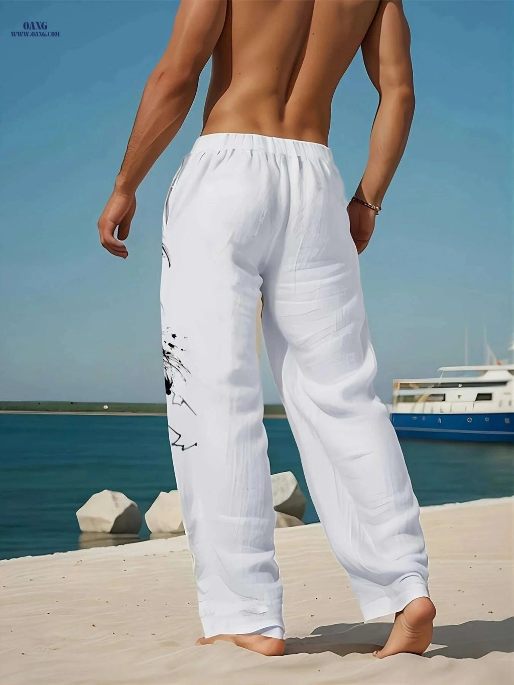 Men's Casual Beach Pants - 3D Dragon Print, Loose-Fit Design   OAXG White / M