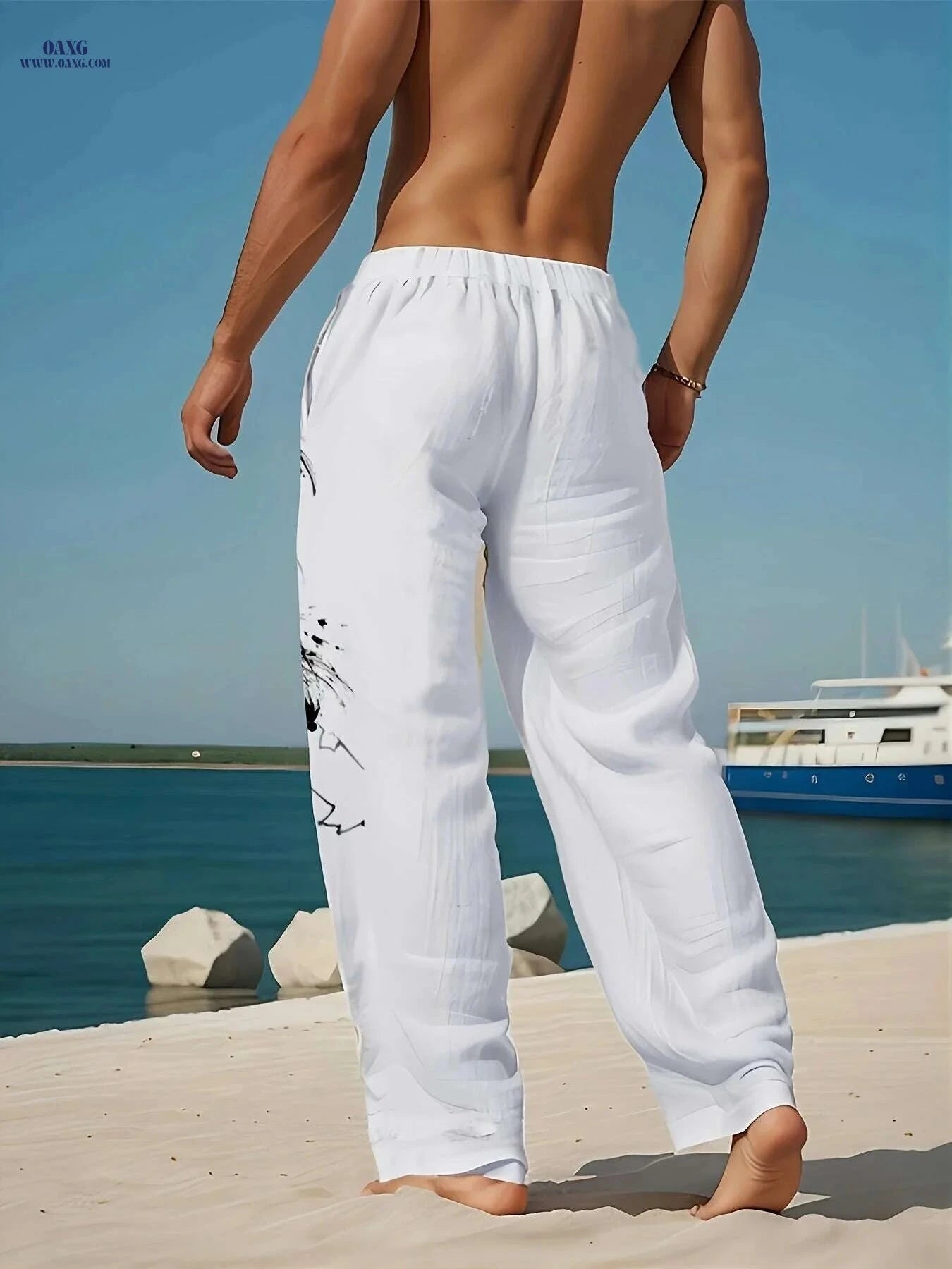 Men's Casual Beach Pants - 3D Dragon Print, Loose-Fit Design   OAXG White / M