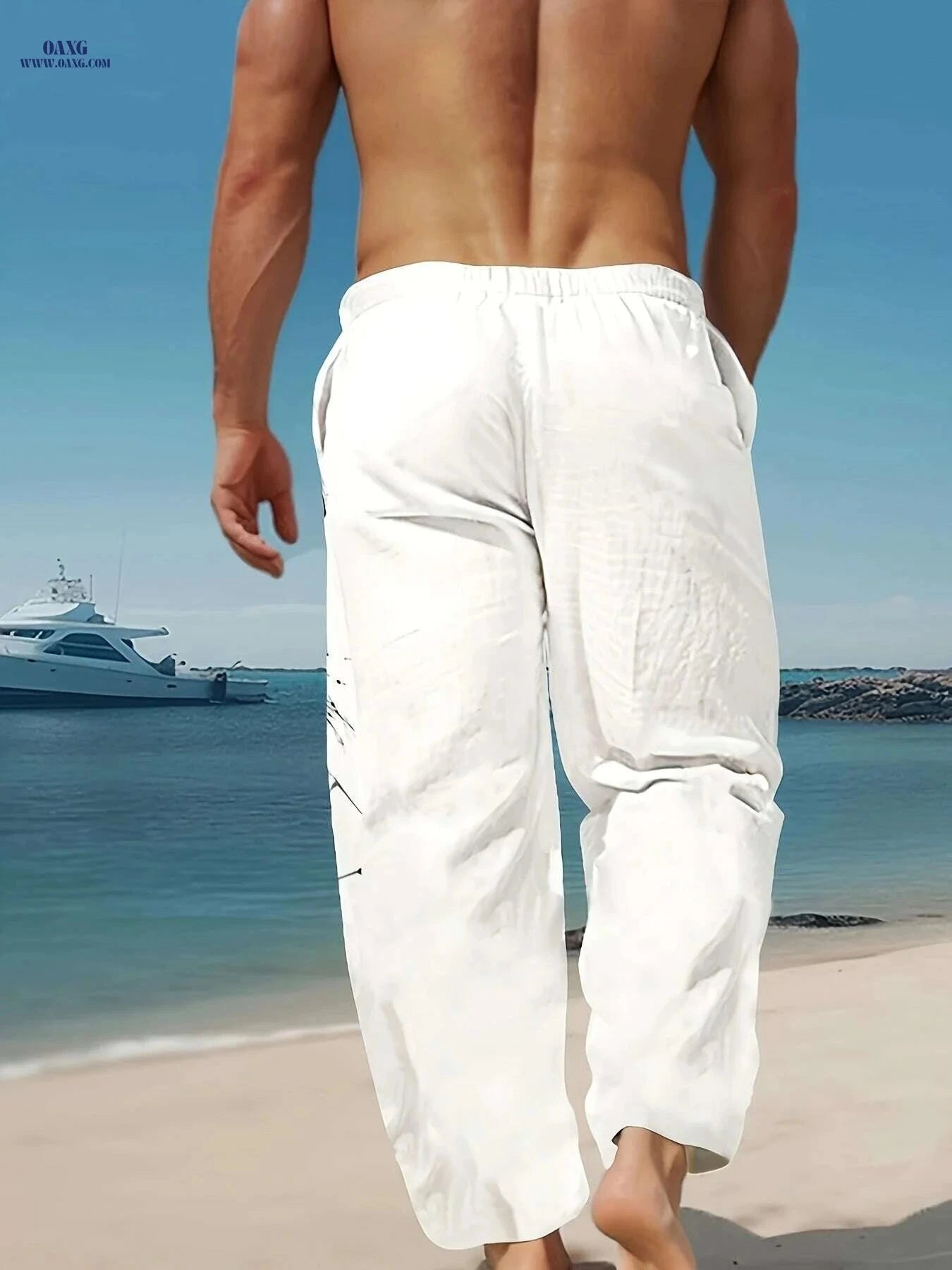 Men's Casual Beach Pants - 3D Dragon Print, Loose-Fit Design   OAXG White / M