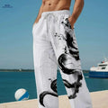Men's Casual Beach Pants - 3D Dragon Print, Loose-Fit Design   OAXG White / M