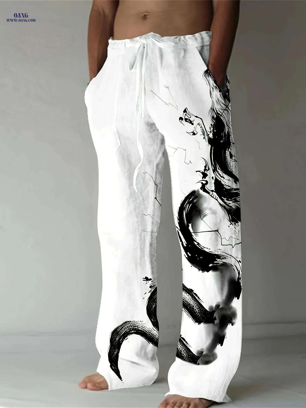 Men's Casual Beach Pants - 3D Dragon Print, Loose-Fit Design   OAXG White / M