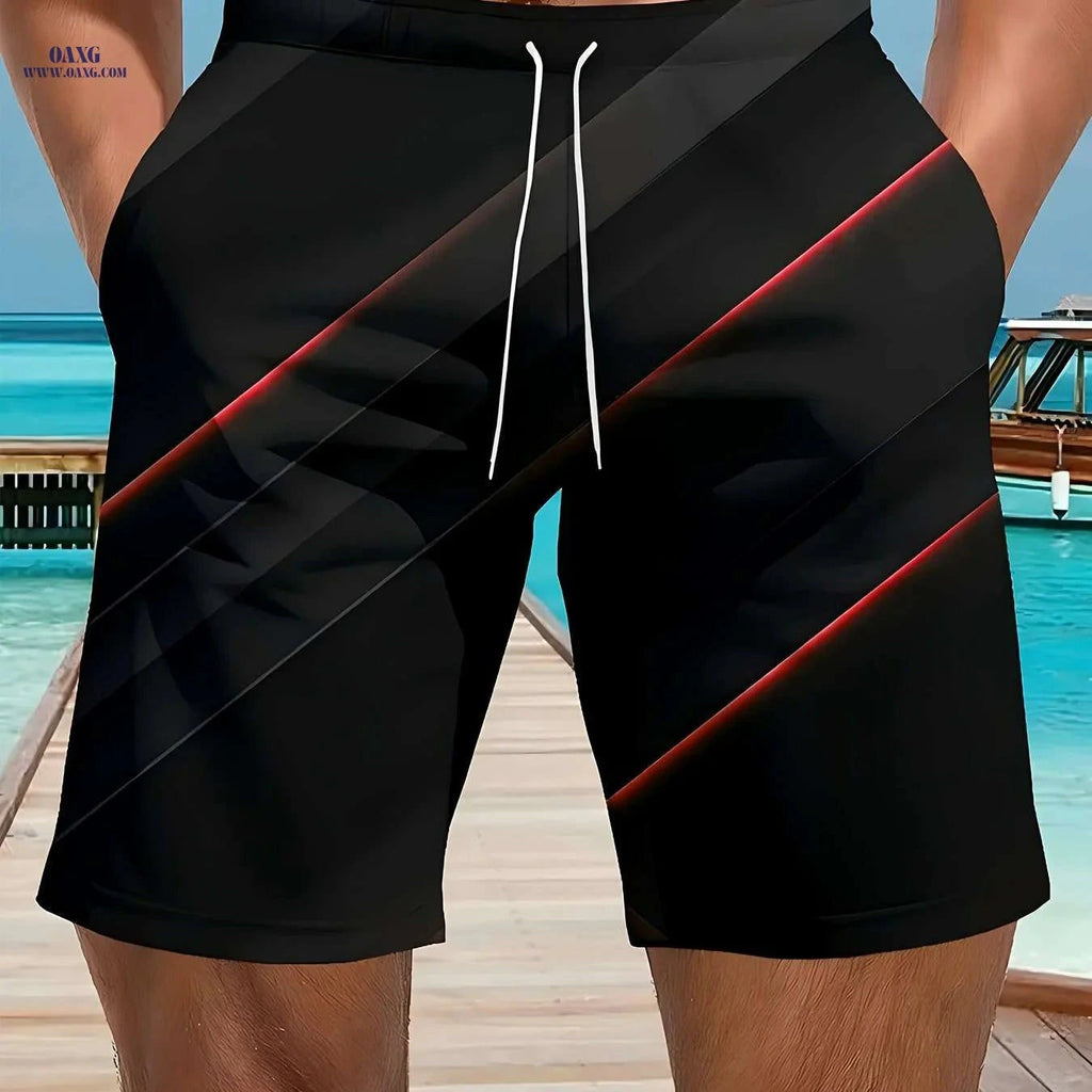 Men’s Casual Beach Shorts - 3D Red Print, Lightweight Polyester   OAXG Black / S