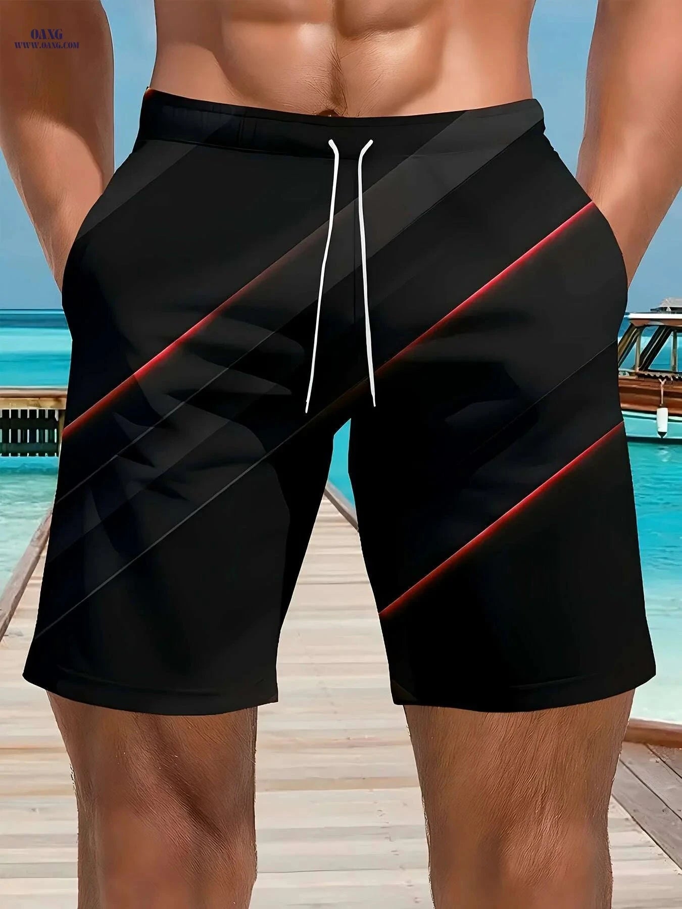 Men’s Casual Beach Shorts - 3D Red Print, Lightweight Polyester   OAXG Black / S