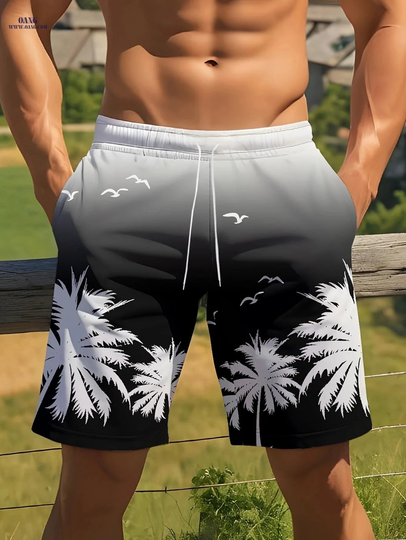 Men’s Casual Beach Shorts - Coconut Tree Print with Adjustable Drawstring   OAXG 