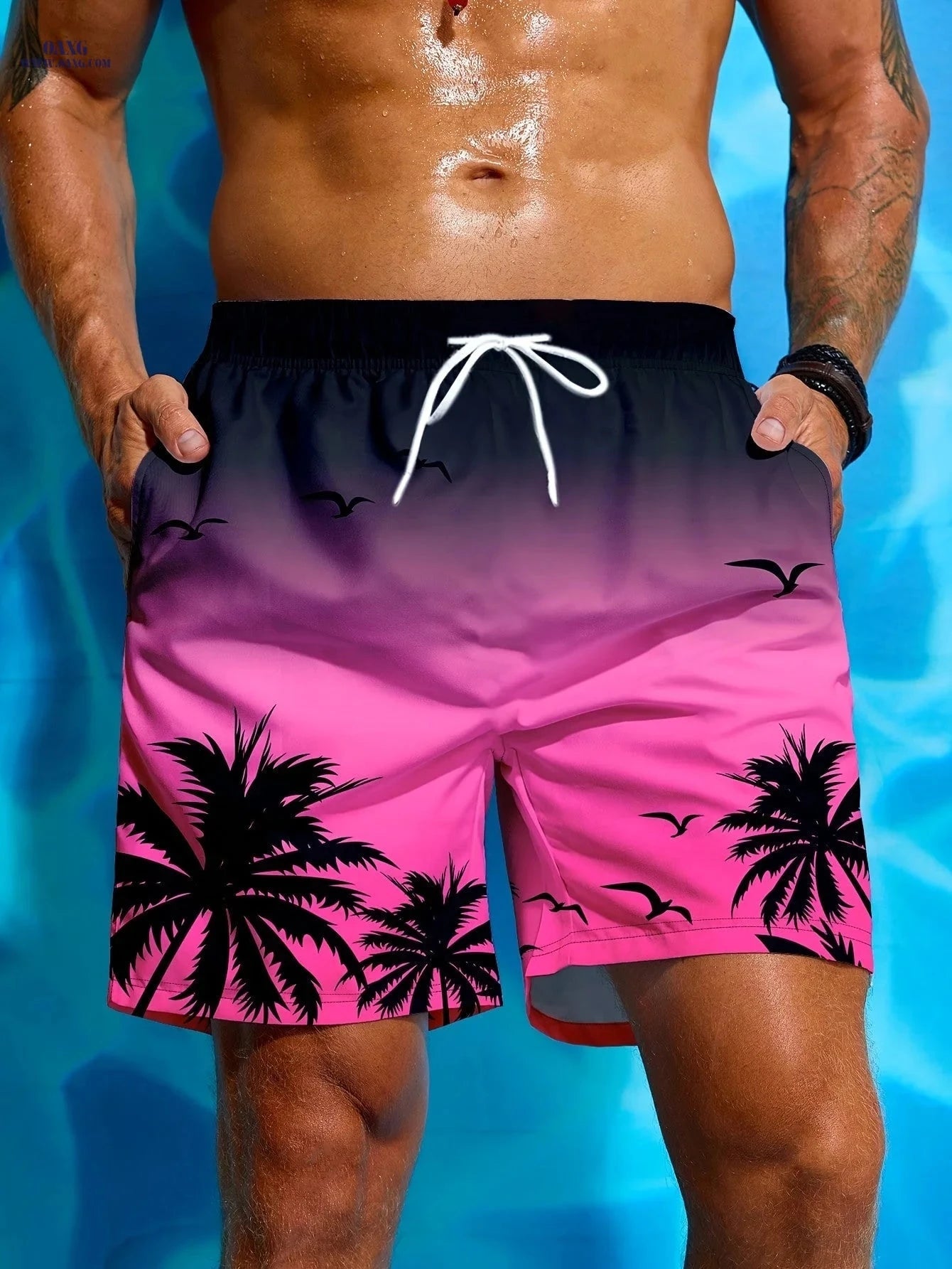 Men’s Casual Beach Shorts - Coconut Tree Print with Adjustable Drawstring   OAXG 