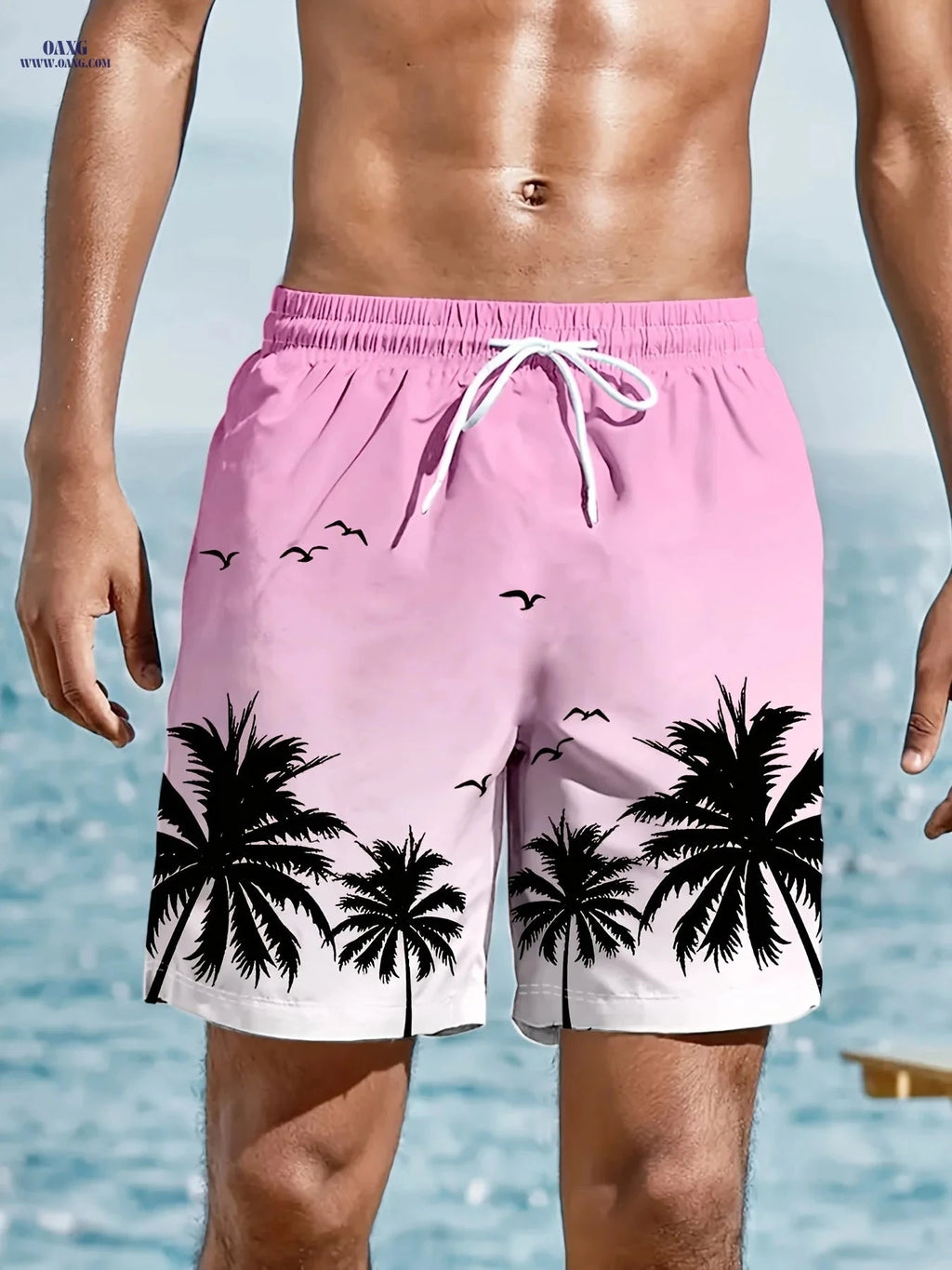Men’s Casual Beach Shorts - Coconut Tree Print with Adjustable Drawstring   OAXG 