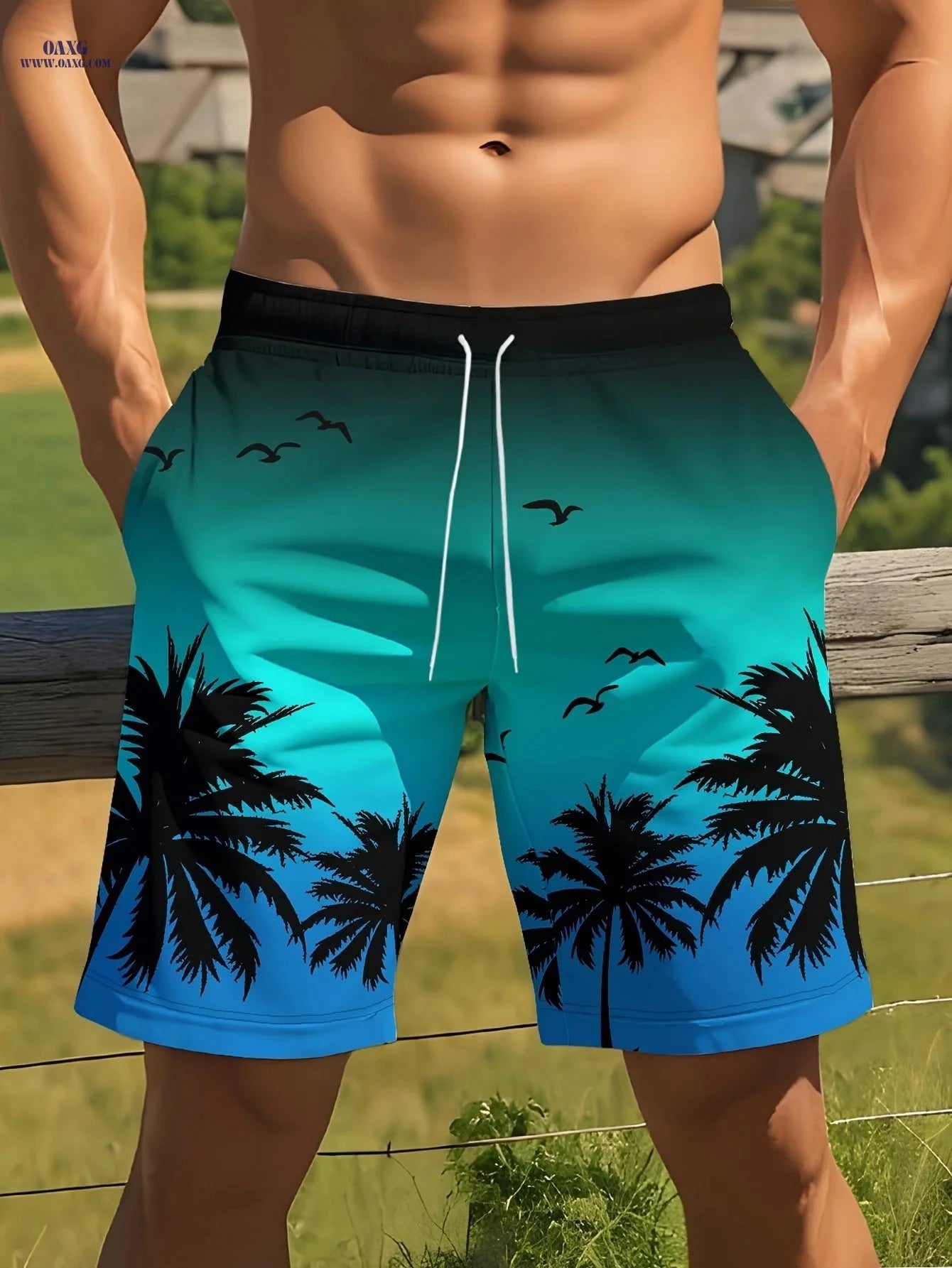 Men’s Casual Beach Shorts - Coconut Tree Print with Adjustable Drawstring   OAXG Blue / FR M