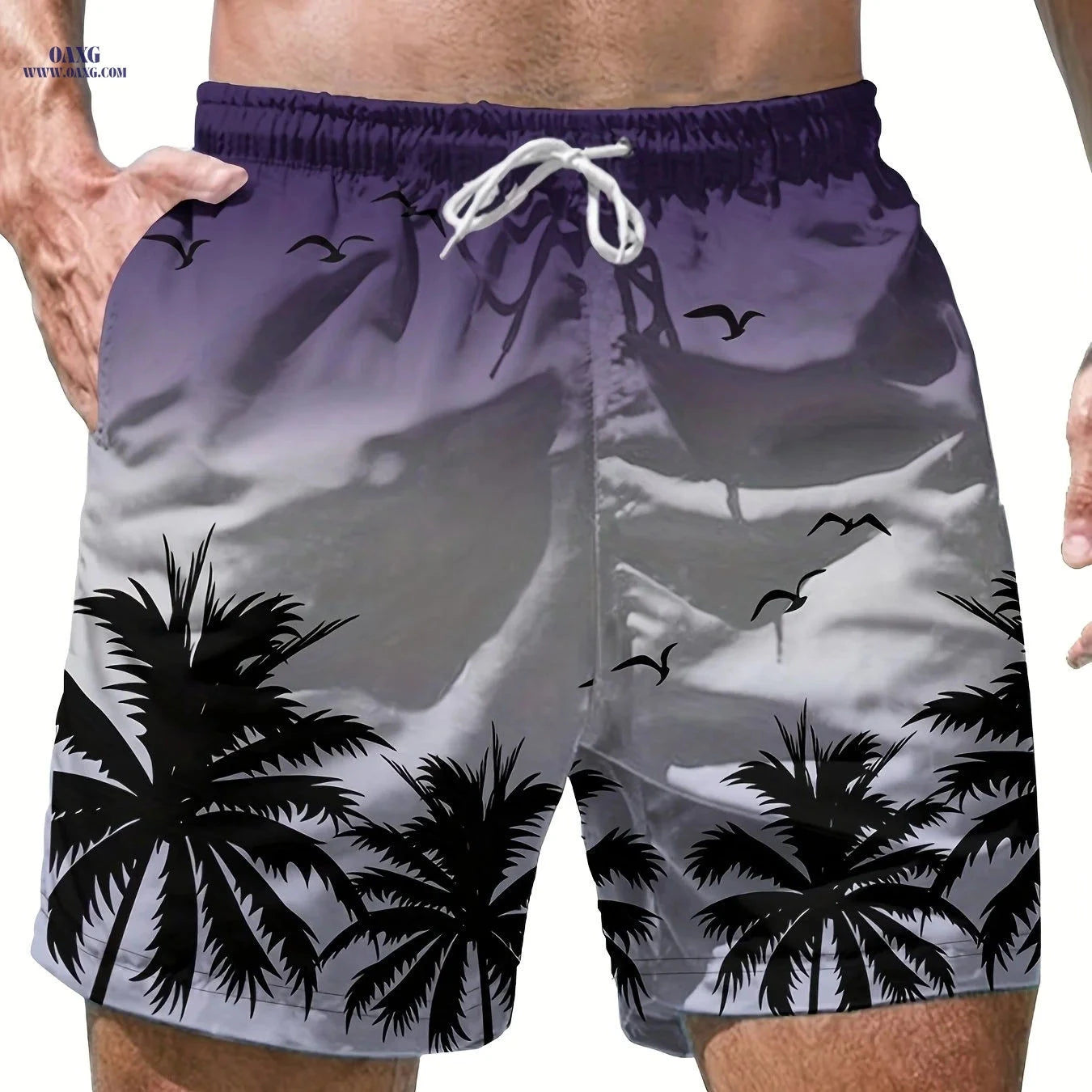 Men's Casual Beach Shorts - Geometric Pattern, Lightweight Polyester   OAXG 