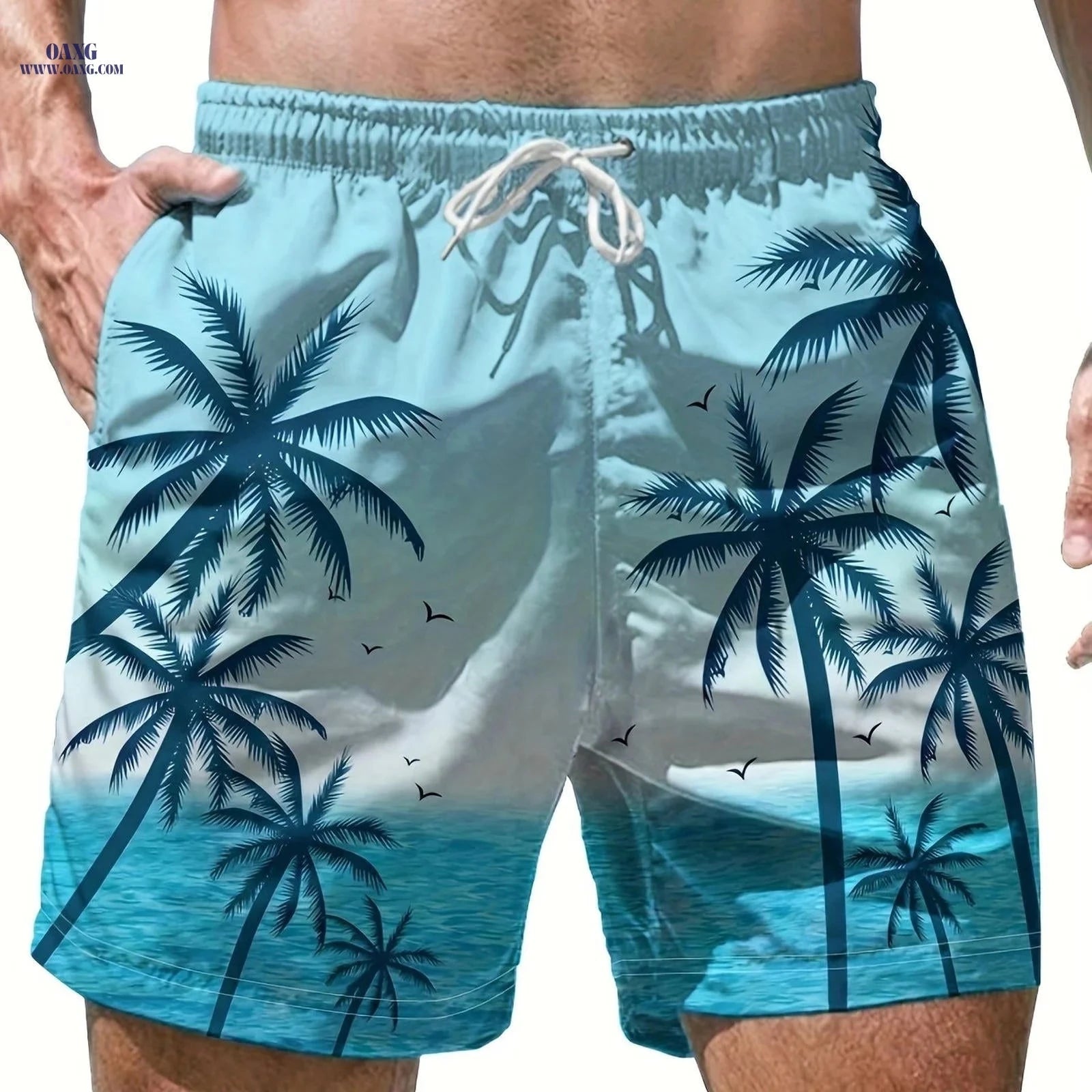 Men's Casual Beach Shorts - Geometric Pattern, Lightweight Polyester   OAXG 