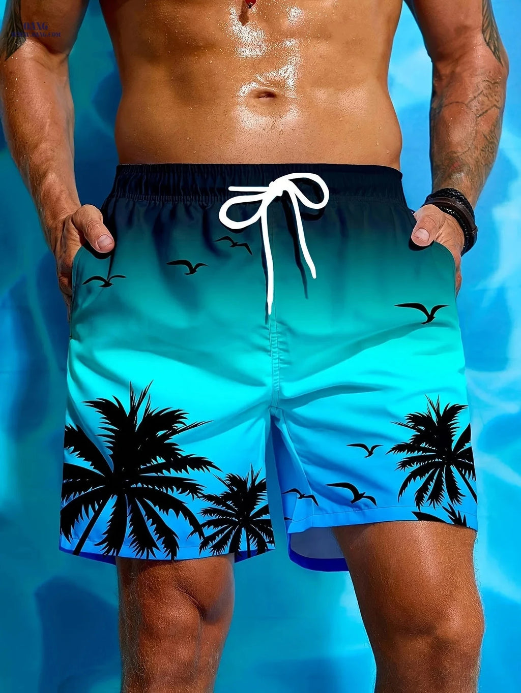 Men's Casual Beach Shorts - Geometric Pattern, Lightweight Polyester   OAXG 