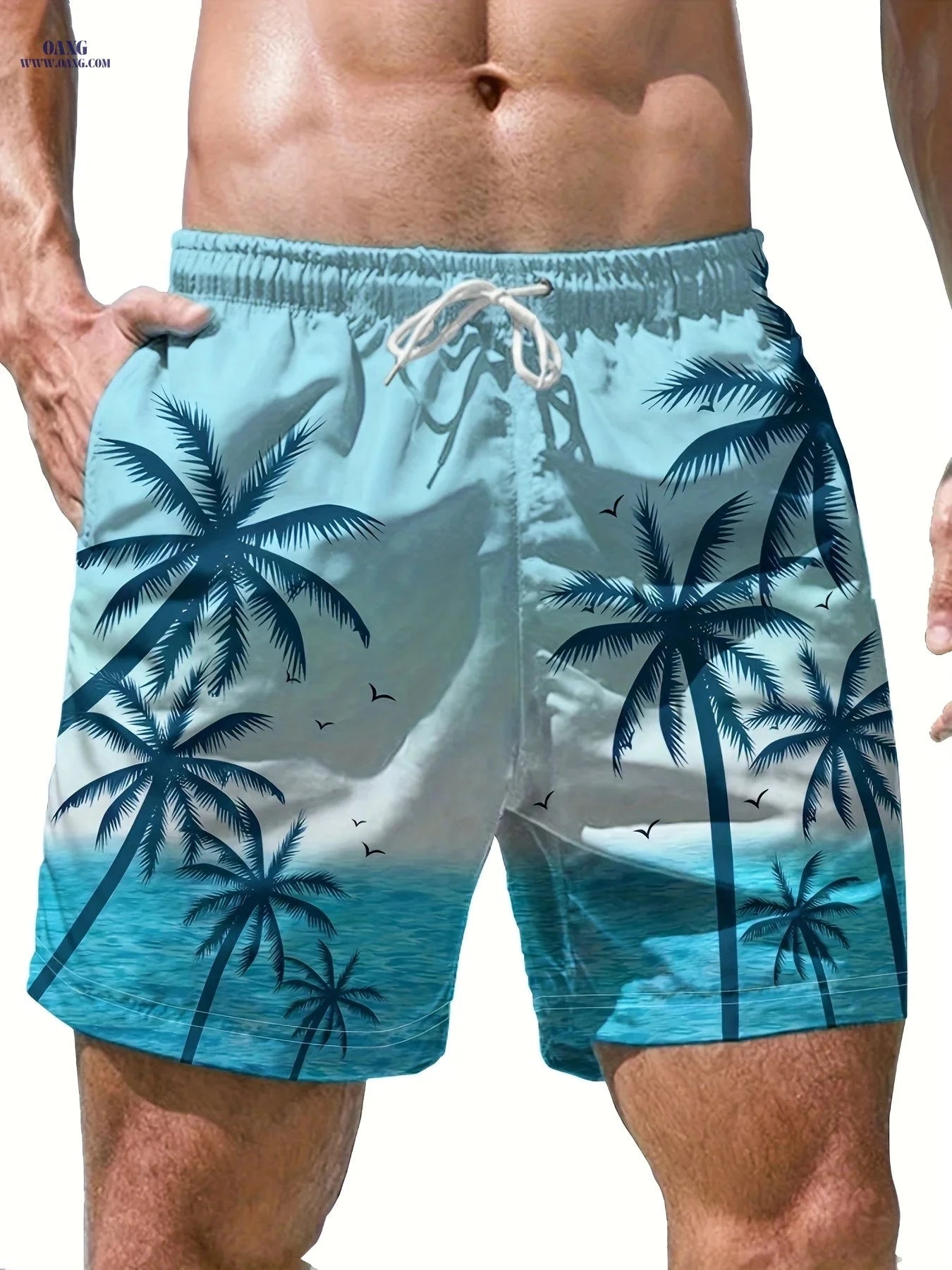 Men's Casual Beach Shorts - Geometric Pattern, Lightweight Polyester   OAXG 