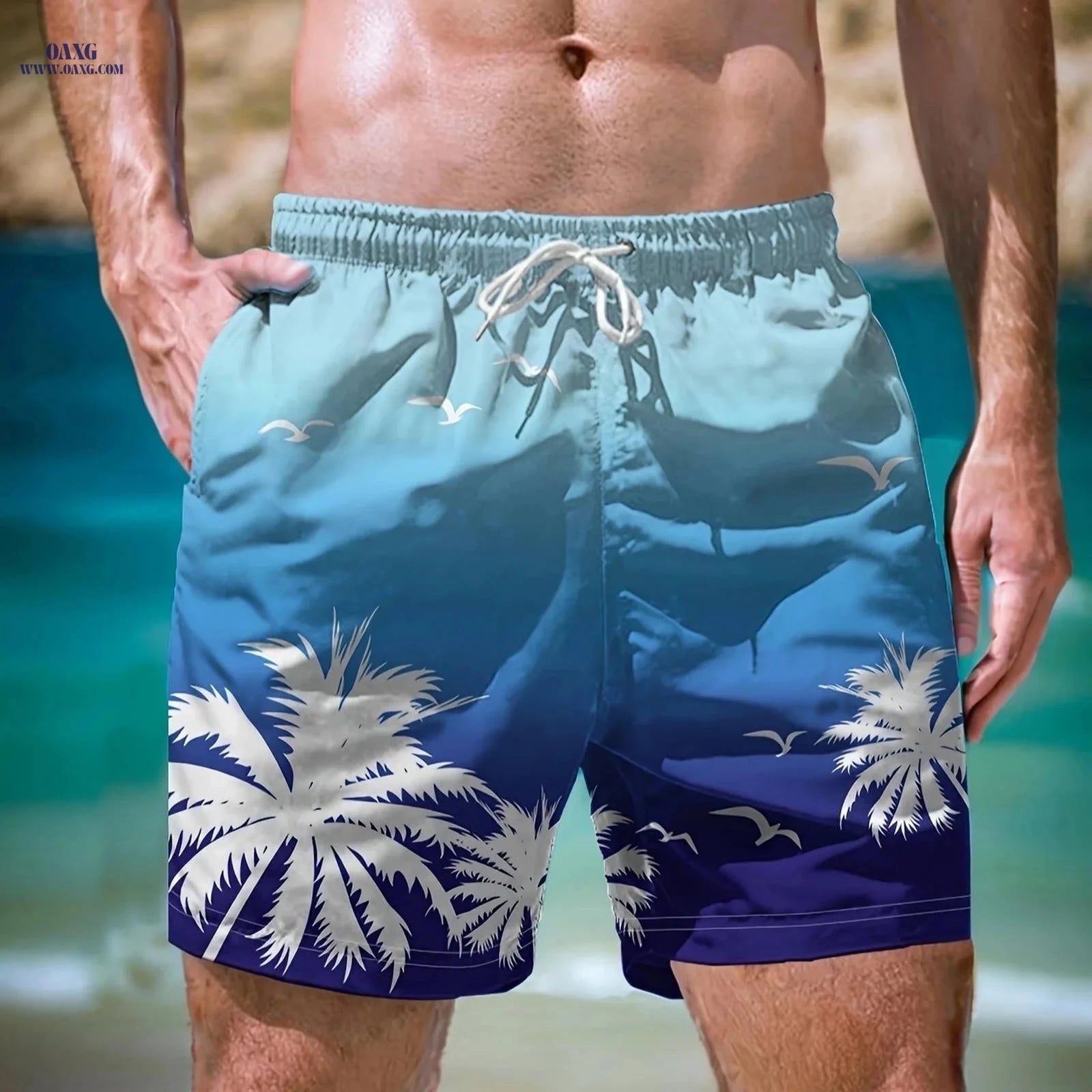 Men's Casual Beach Shorts - Geometric Pattern, Lightweight Polyester   OAXG 