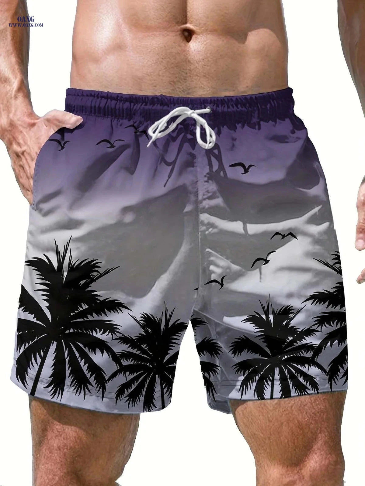 Men's Casual Beach Shorts - Geometric Pattern, Lightweight Polyester   OAXG 