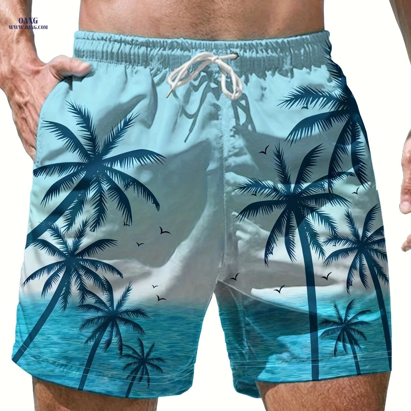 Men's Casual Beach Shorts - Geometric Pattern, Lightweight Polyester   OAXG 