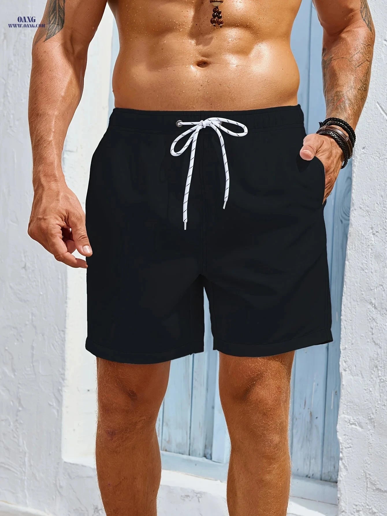 Men's Casual Beach Shorts - Lightweight, Machine Washable Polyester   OAXG Black / FR S