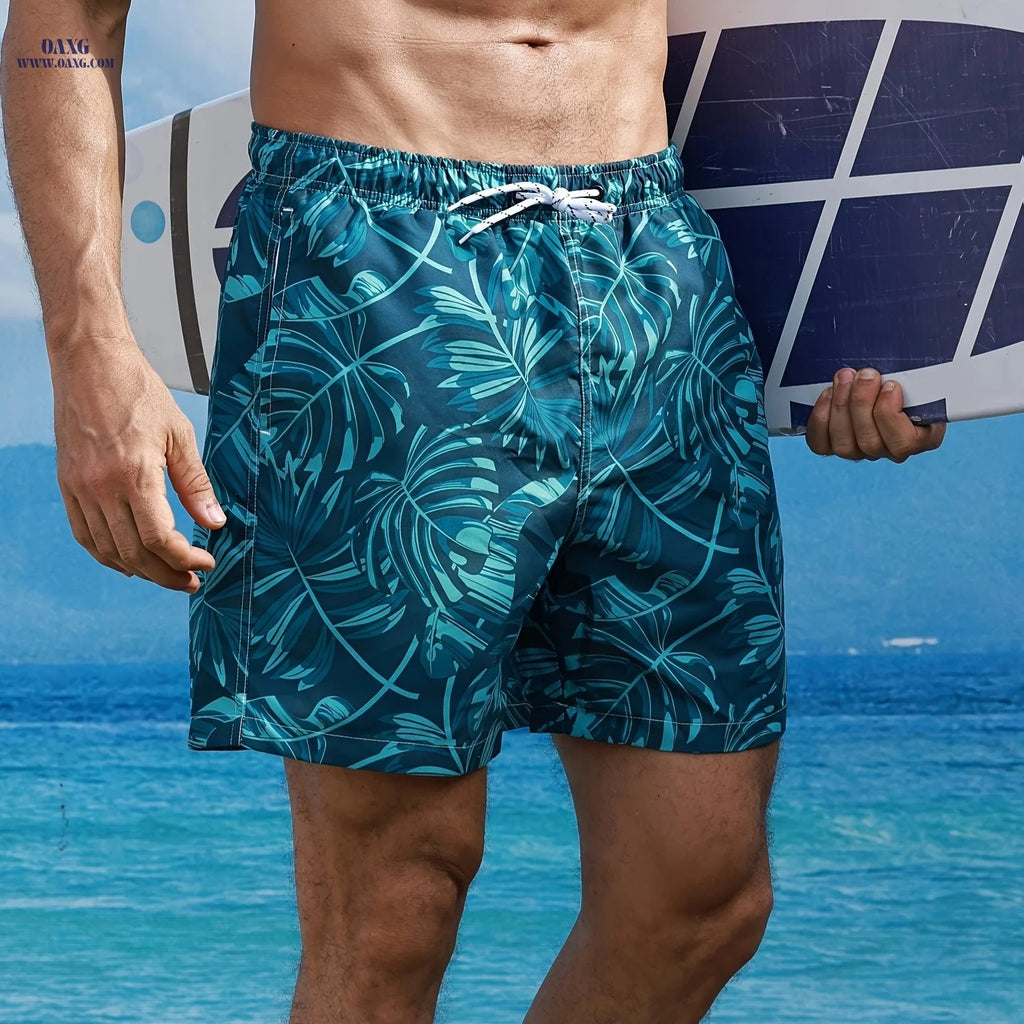 Men's Casual Beach Shorts - Woven Fabric with Stylish Plant Pattern   OAXG 