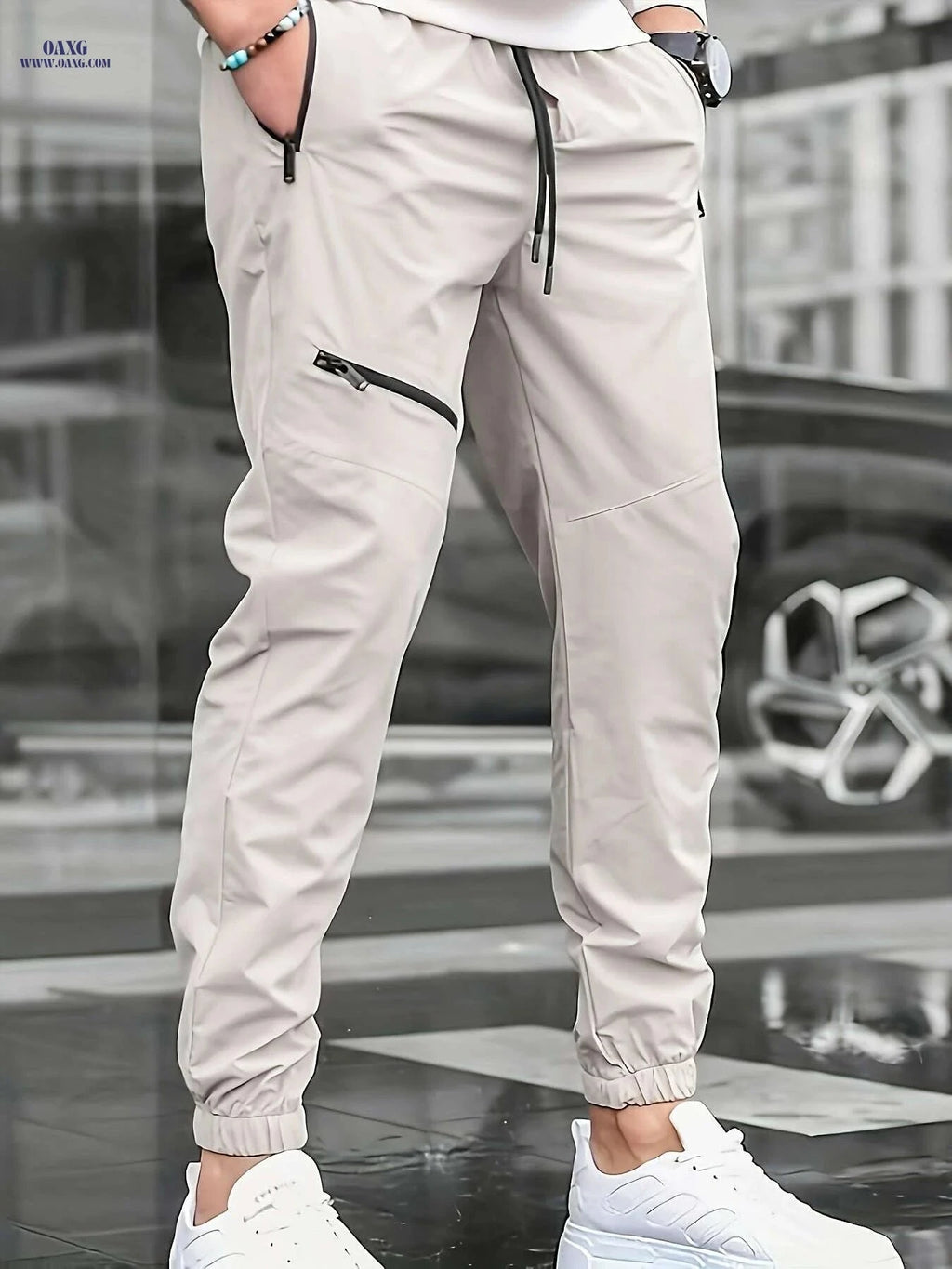 Men's Casual Beige Pants with Drawstring - Comfortable Regular Fit   OAXG White / S