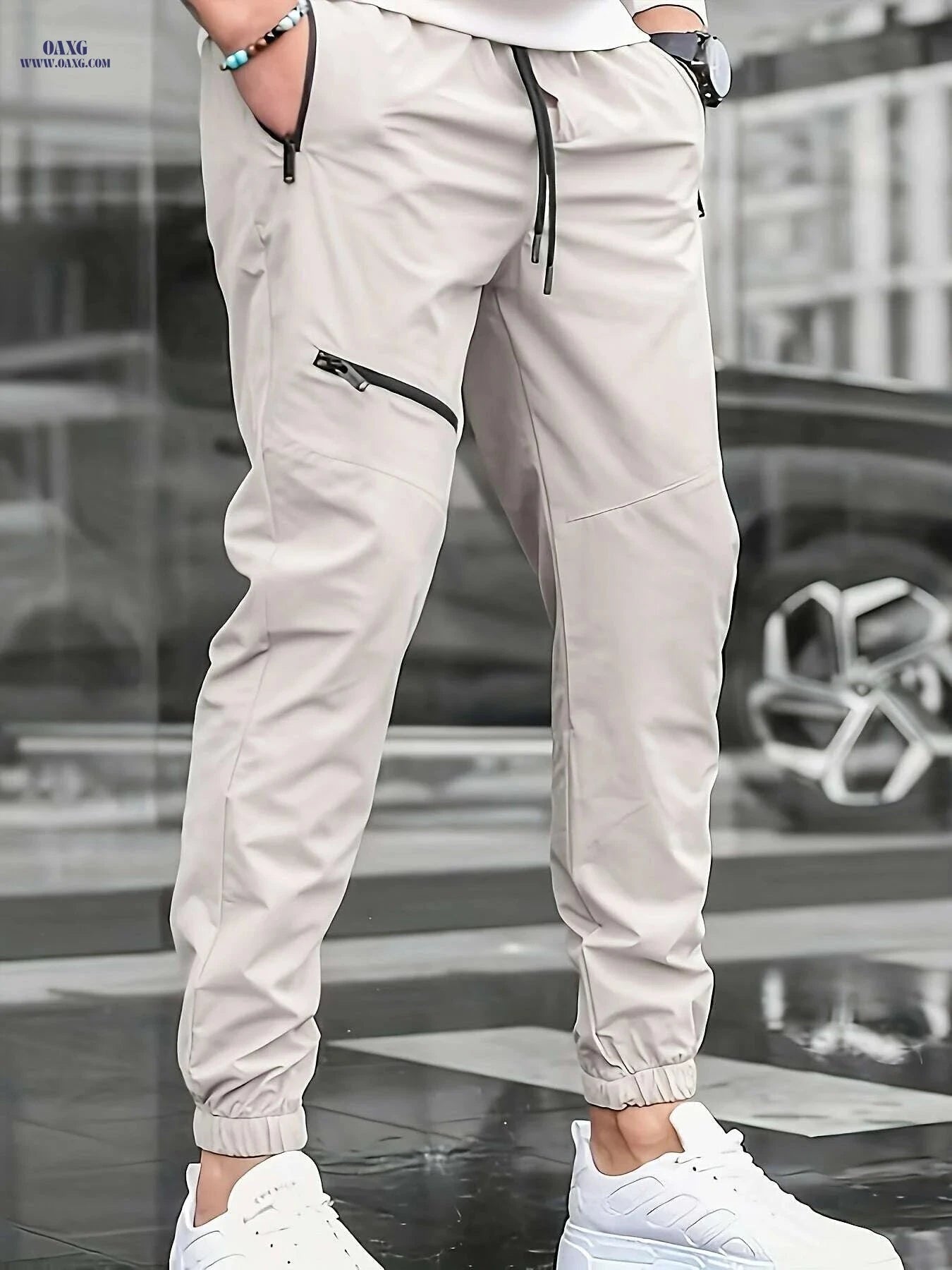 Men's Casual Beige Pants with Drawstring - Comfortable Regular Fit   OAXG White / S