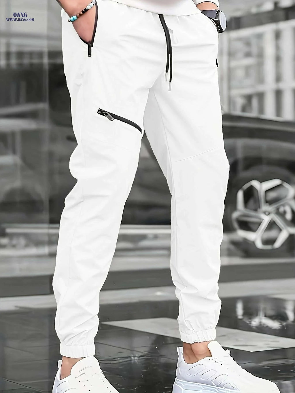 Men's Casual Beige Pants with Drawstring - Comfortable Regular Fit   OAXG White / S