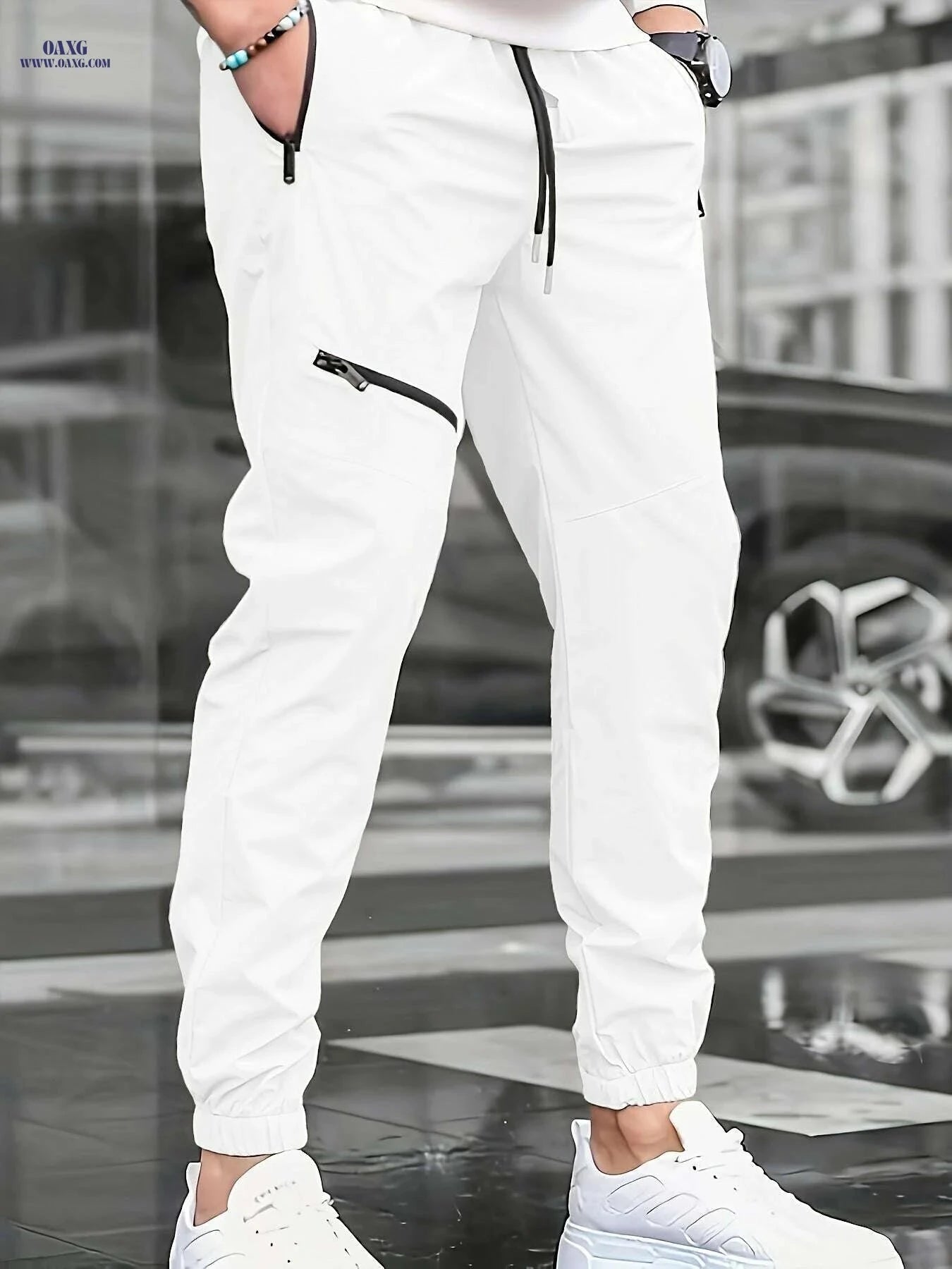 Men's Casual Beige Pants with Drawstring - Comfortable Regular Fit   OAXG White / S