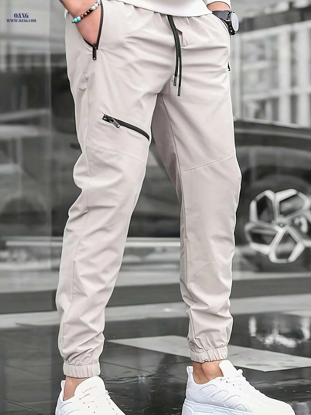Men's Casual Beige Pants with Drawstring - Comfortable Regular Fit   OAXG White / S