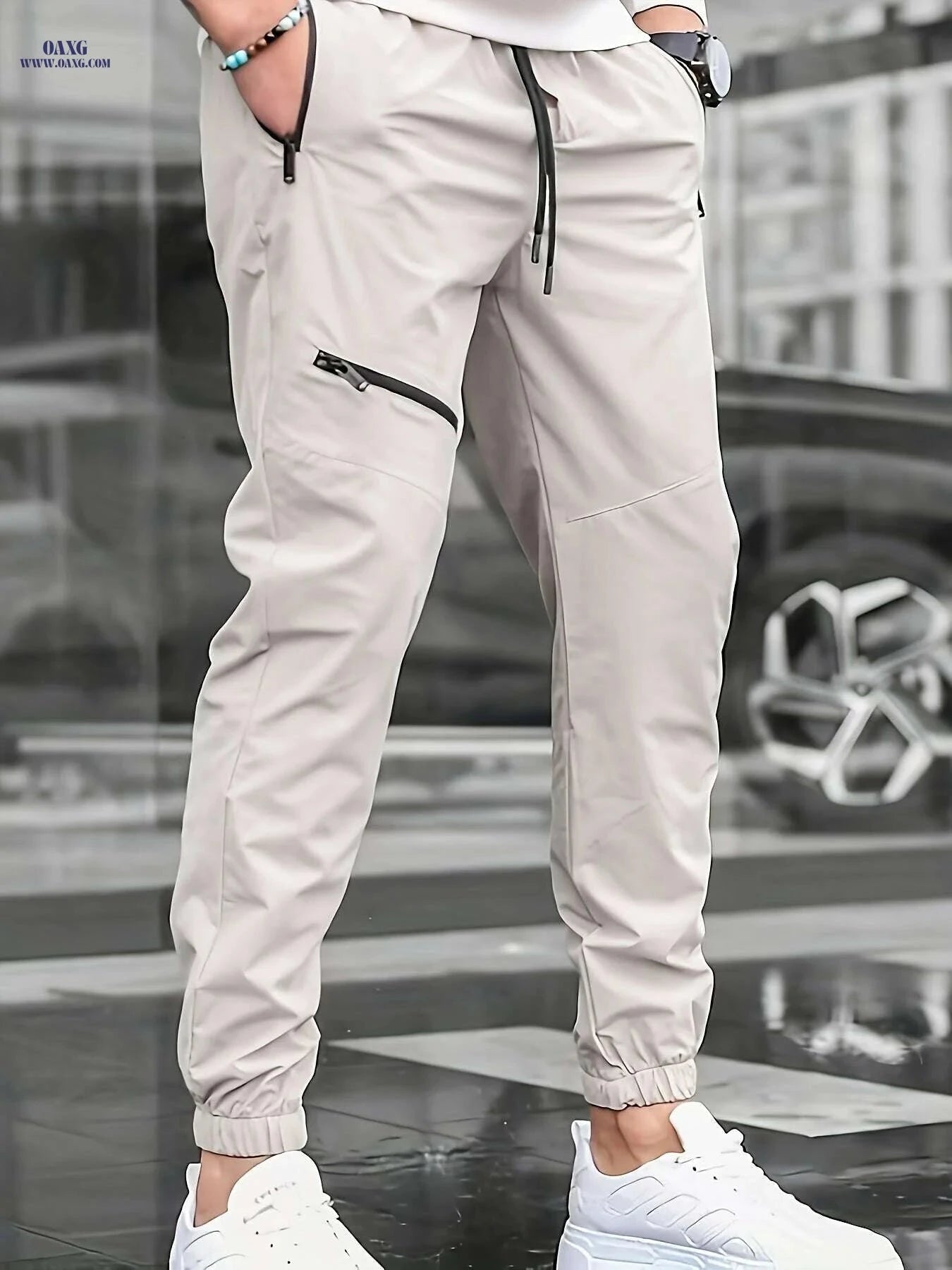 Men's Casual Beige Pants with Drawstring - Comfortable Regular Fit   OAXG White / S