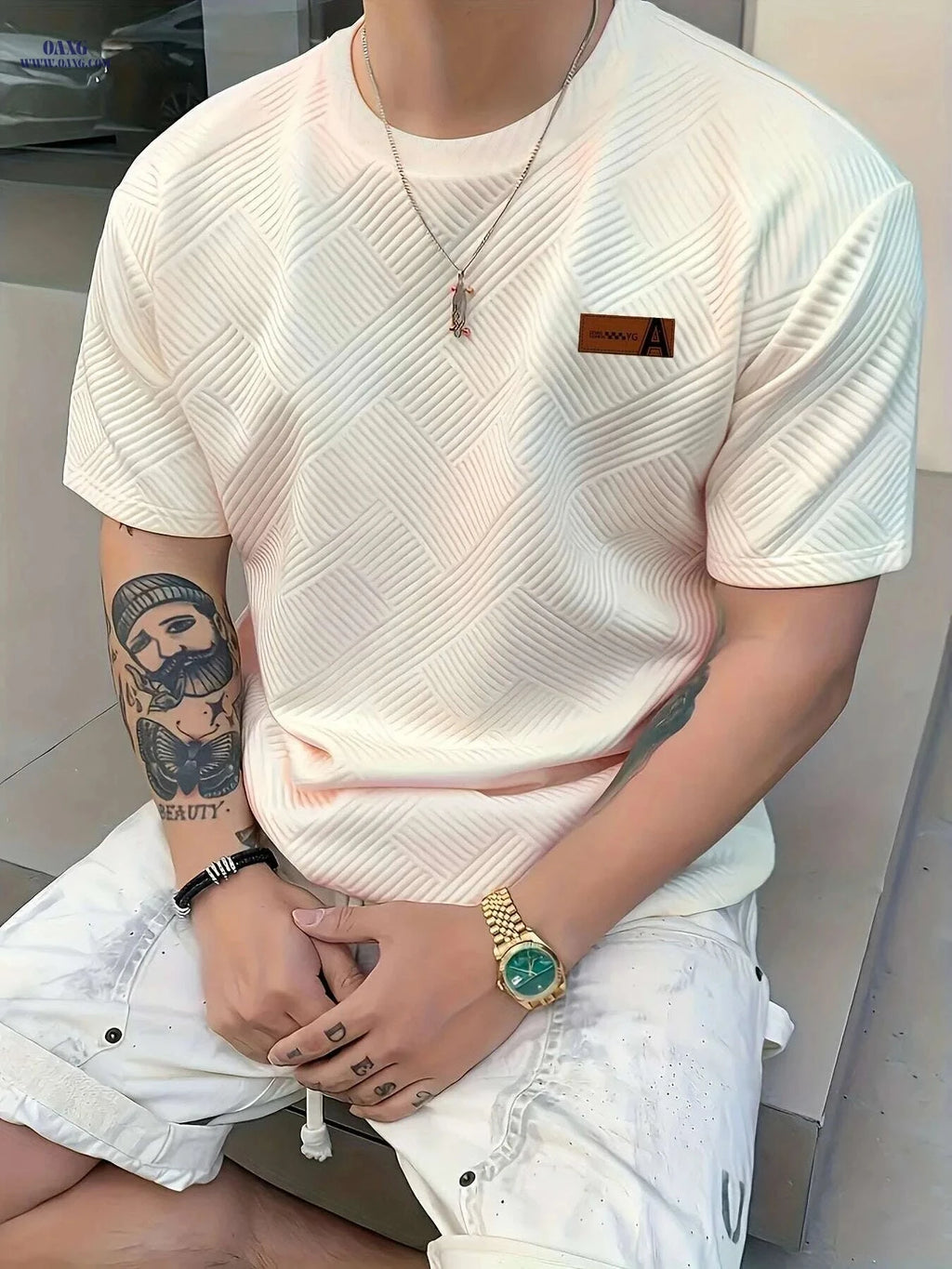 Men's Casual Beige T-Shirt - Lightweight & Breathable AFA Logo   OAXG 