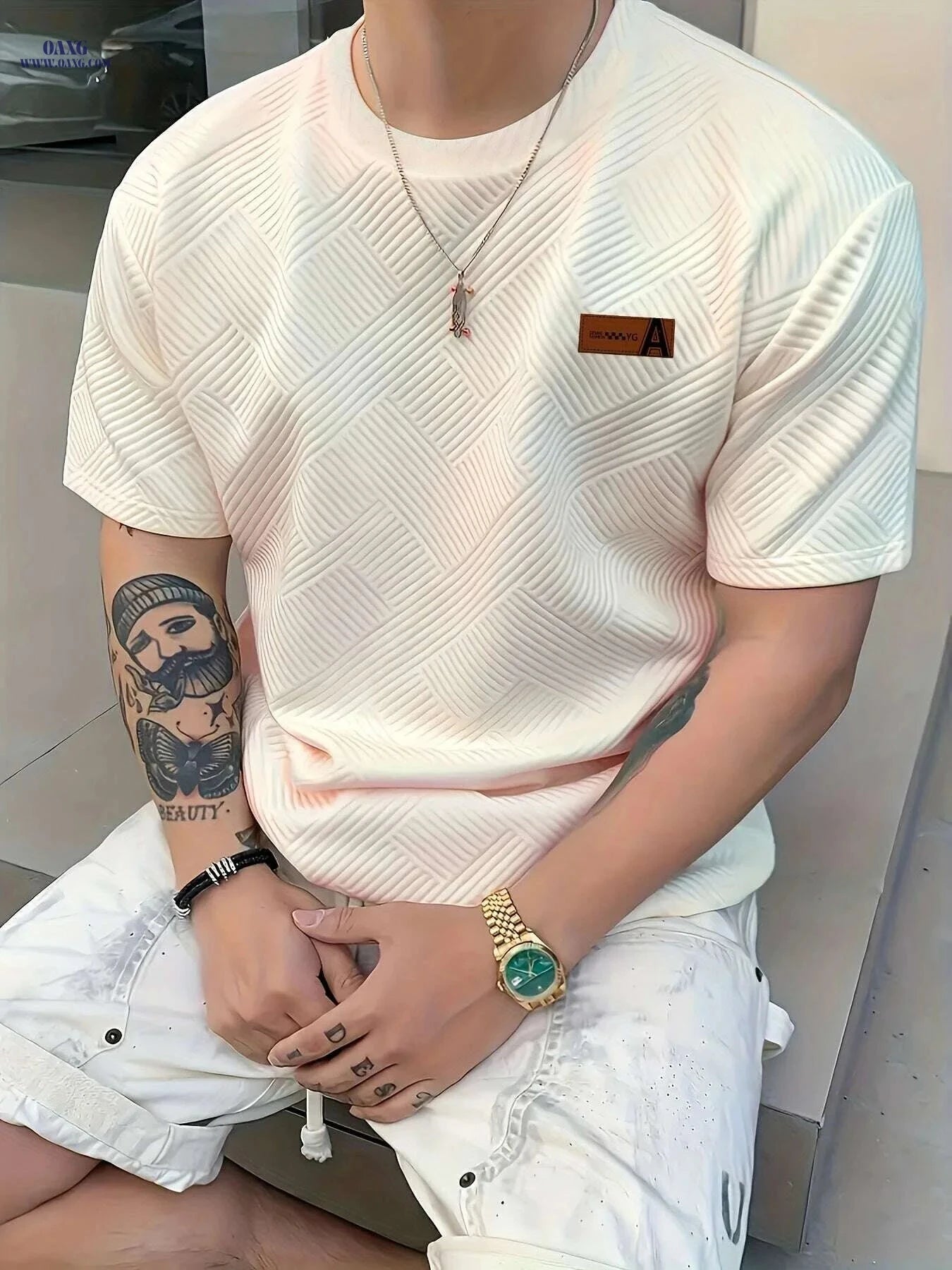 Men's Casual Beige T-Shirt - Lightweight & Breathable AFA Logo   OAXG 