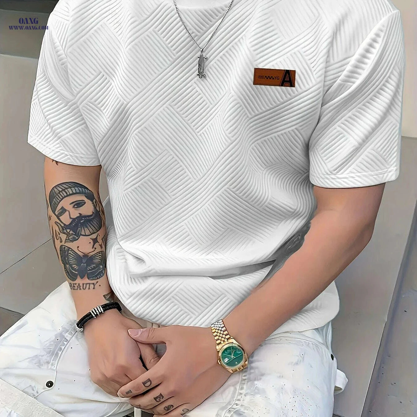 Men's Casual Beige T-Shirt - Lightweight & Breathable AFA Logo   OAXG 