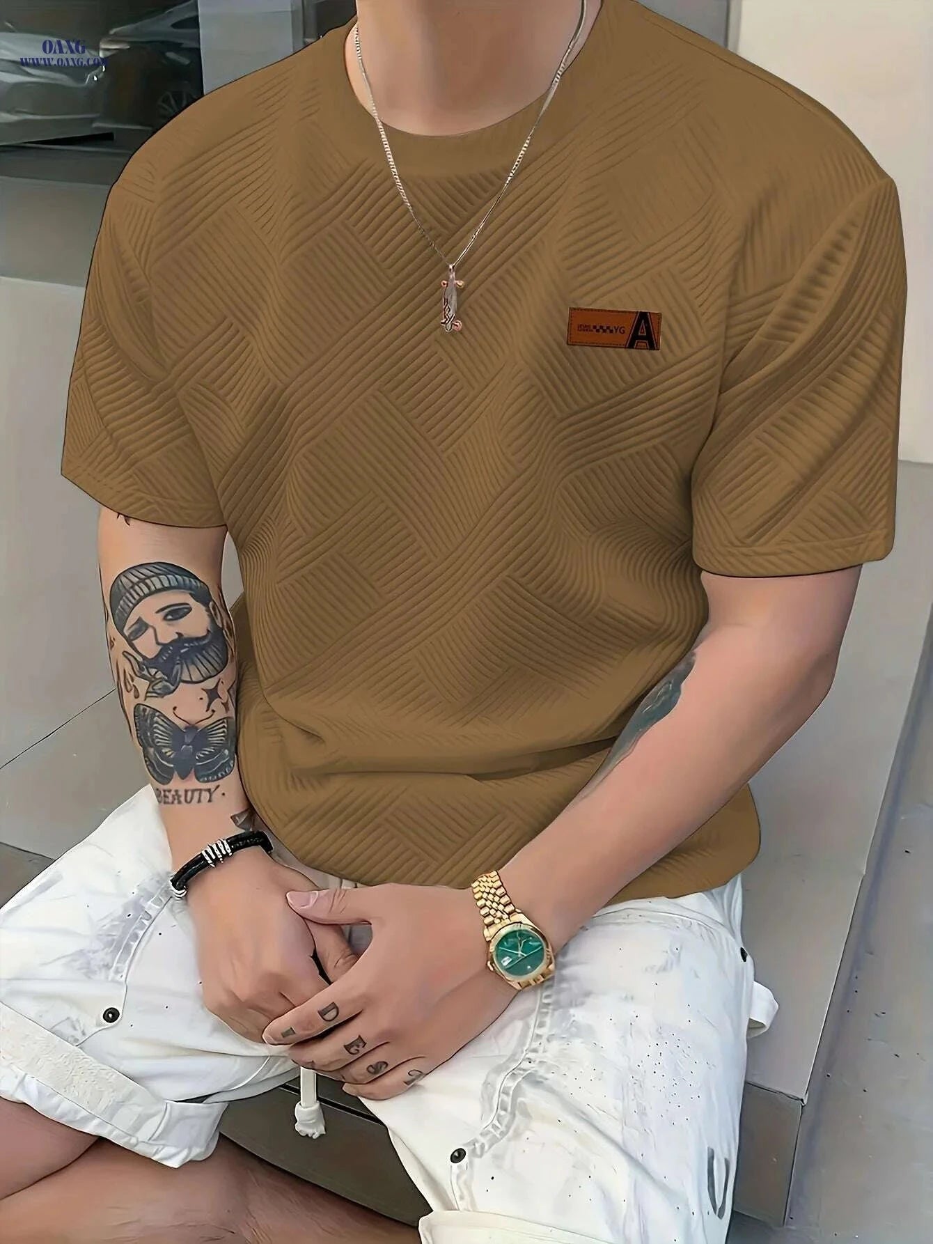 Men's Casual Beige T-Shirt - Lightweight & Breathable AFA Logo   OAXG 