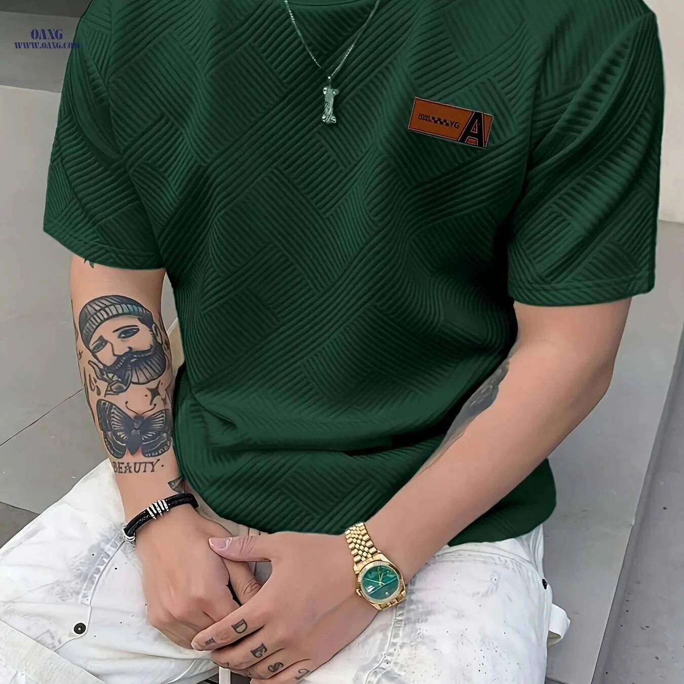 Men's Casual Beige T-Shirt - Lightweight & Breathable AFA Logo   OAXG 
