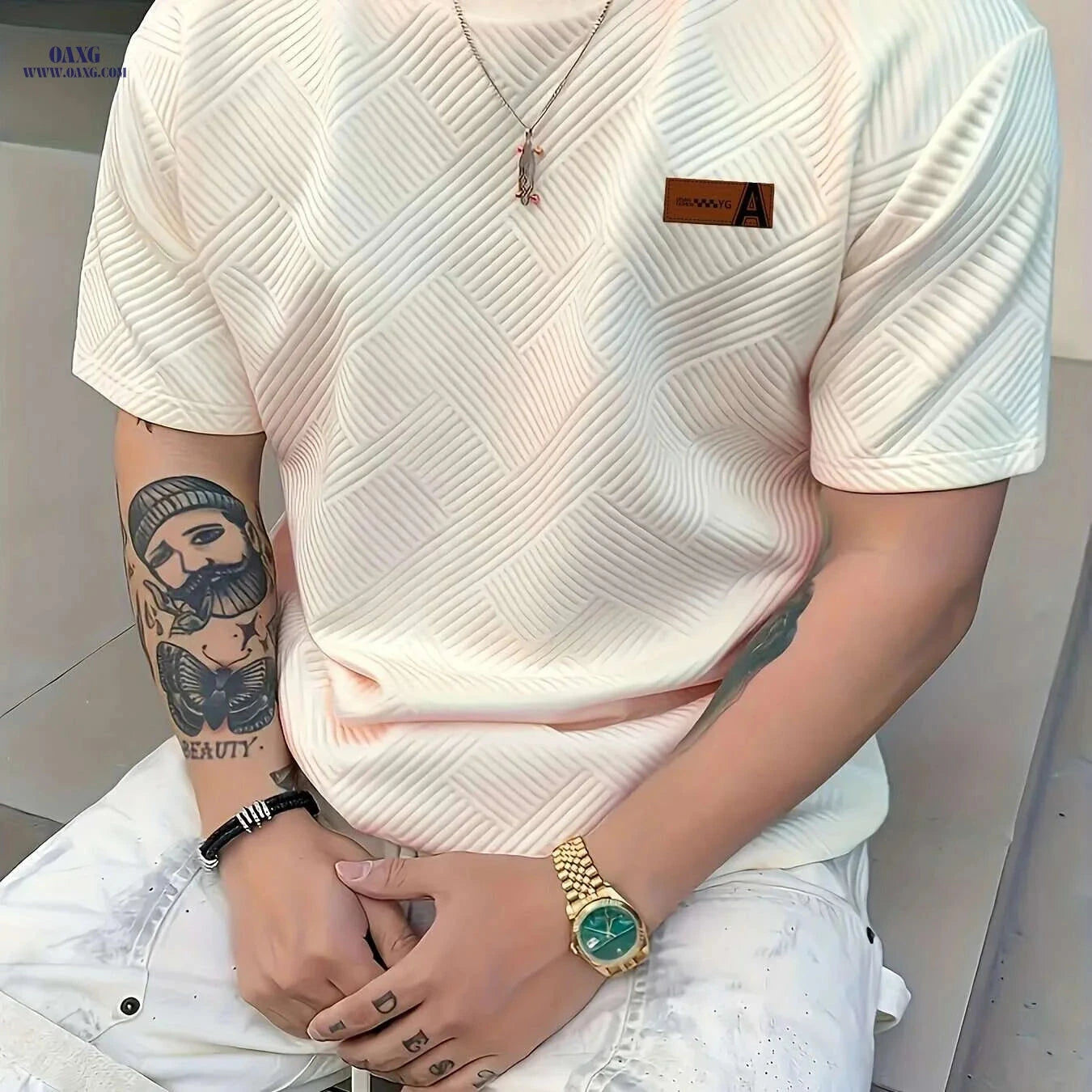 Men's Casual Beige T-Shirt - Lightweight & Breathable AFA Logo   OAXG 