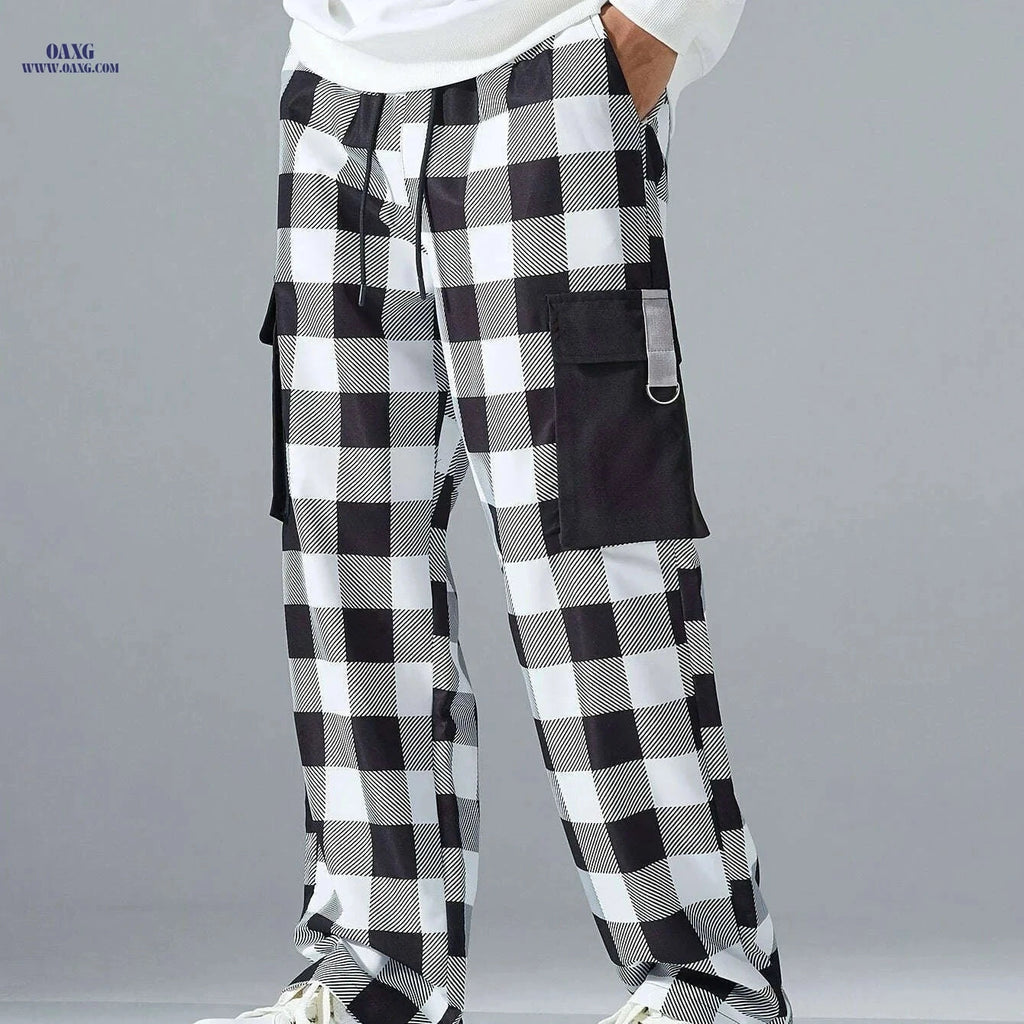 Men's Casual Black and White Plaid Cargo Pants - Stylish & Comfortable   OAXG Mixed Color / S