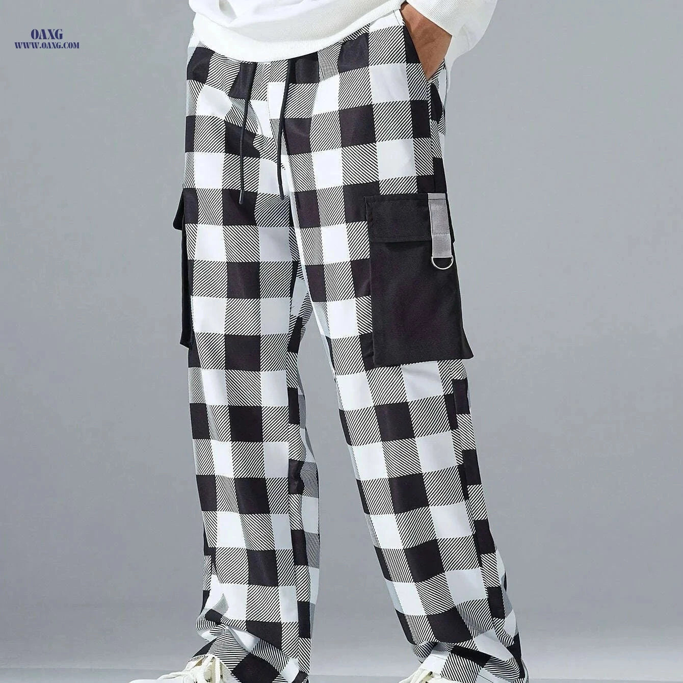 Men's Casual Black and White Plaid Cargo Pants - Stylish & Comfortable   OAXG Mixed Color / S