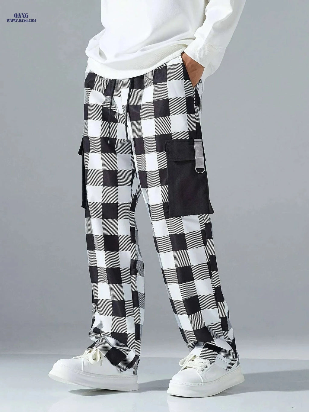 Men's Casual Black and White Plaid Cargo Pants - Stylish & Comfortable   OAXG Mixed Color / S