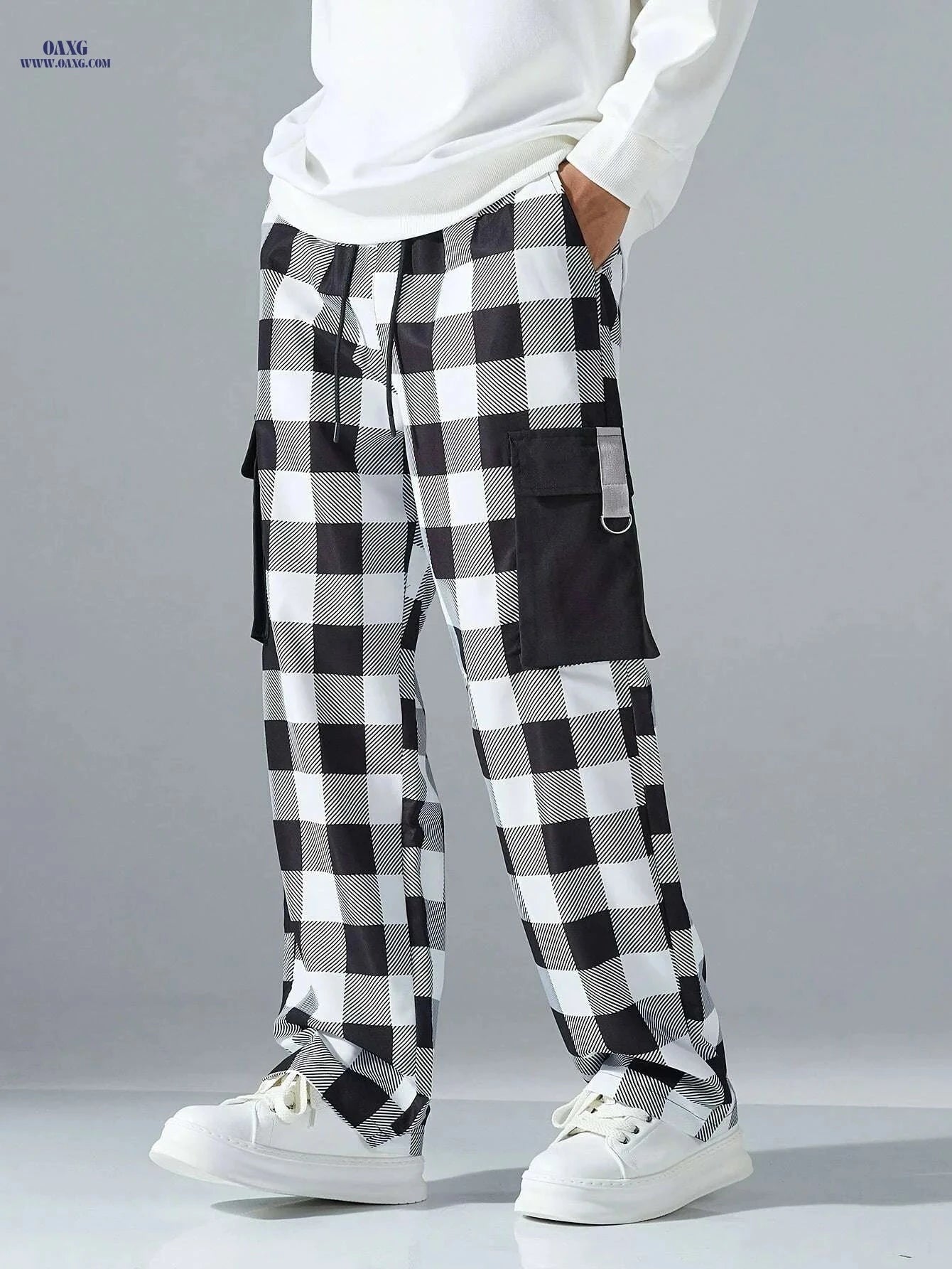 Men's Casual Black and White Plaid Cargo Pants - Stylish & Comfortable   OAXG Mixed Color / S