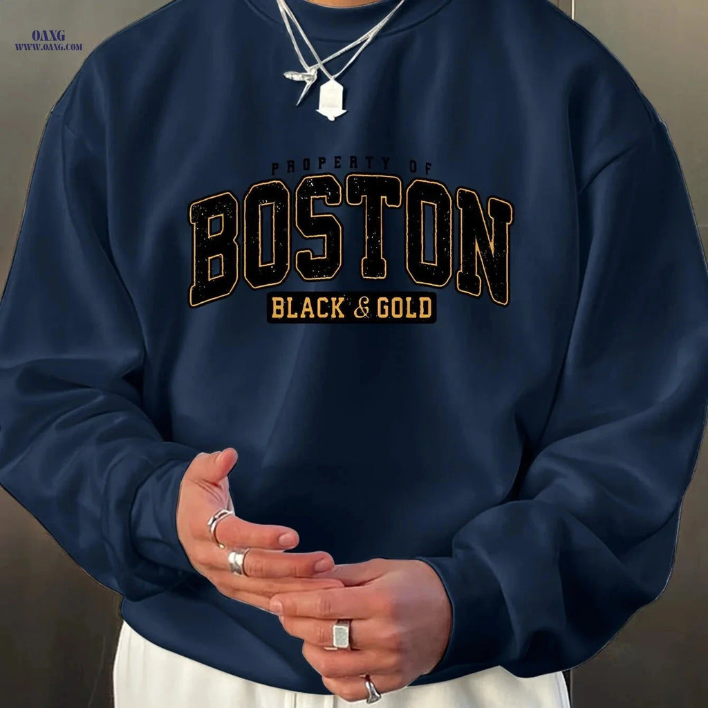 Men's Casual Black & Golden Letter Sweatshirt - Relaxed Fit Comfort   OAXG 