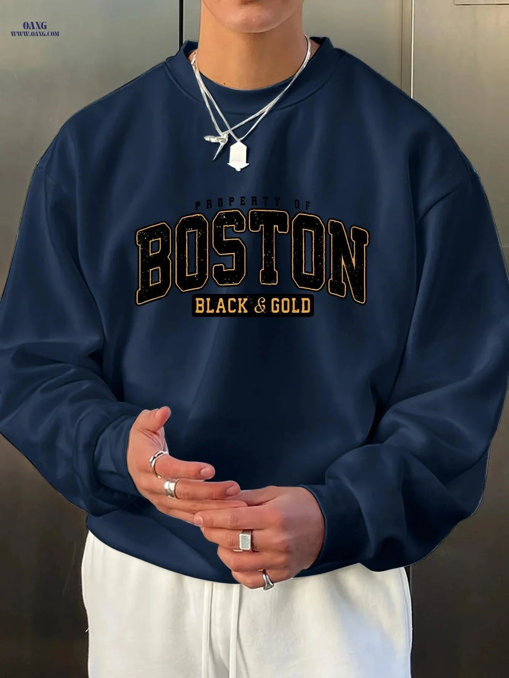 Men's Casual Black & Golden Letter Sweatshirt - Relaxed Fit Comfort   OAXG 